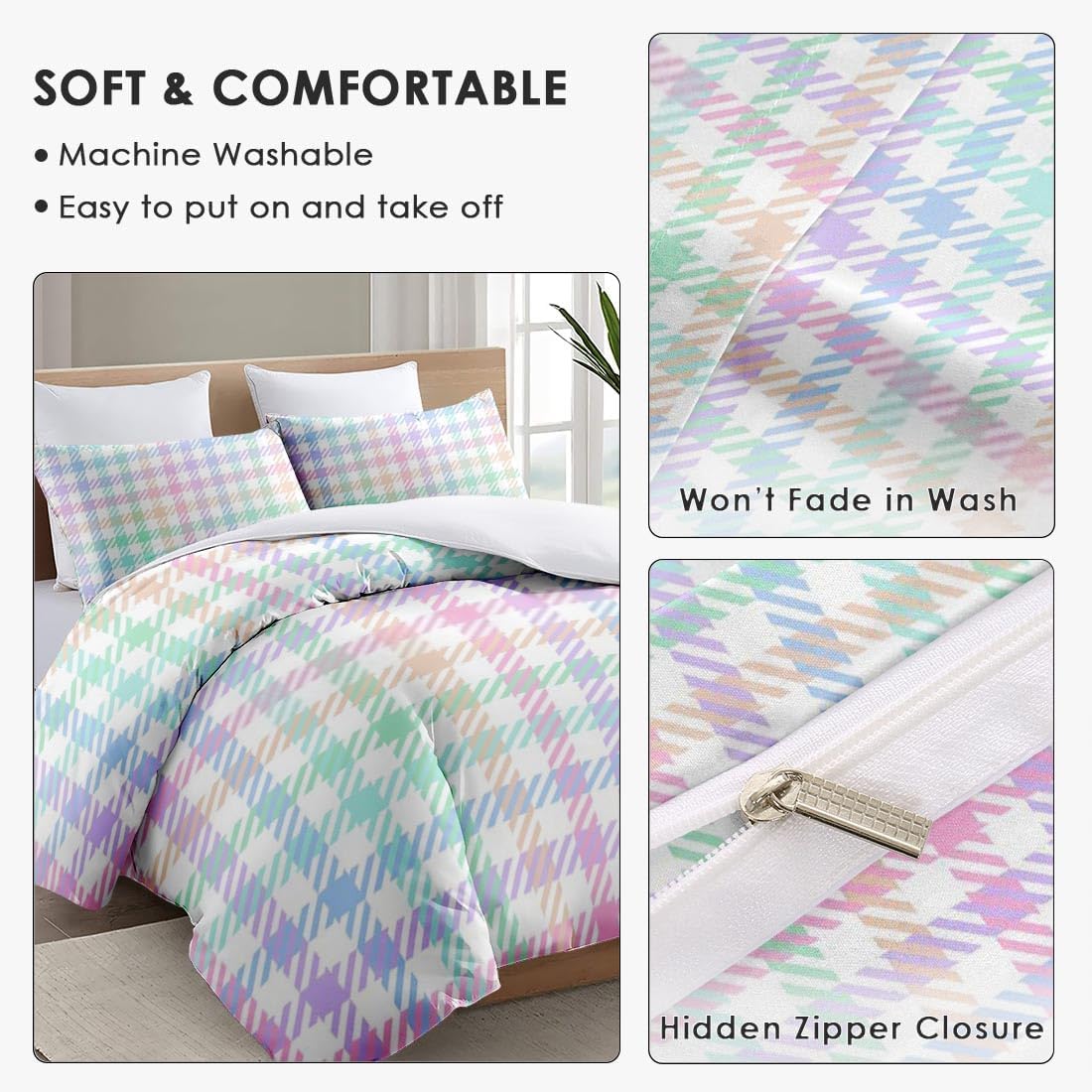 Juego de funda de edredón, juego de ropa de cama a cuadros de arcoíris dulce a cuadros para niños y adultos, decoración de dormitorio colorido de