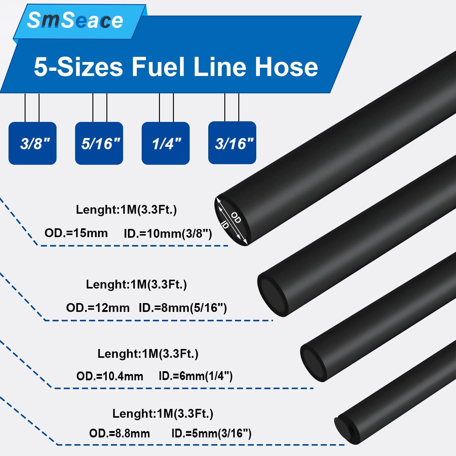 smseace Kit de manguera de línea de combustible de 3.3 pies, 4 tamaños, 316 pulgadas, 14 pulgadas, 516 pulgadas, 38 pulgadas, manguera de línea de
