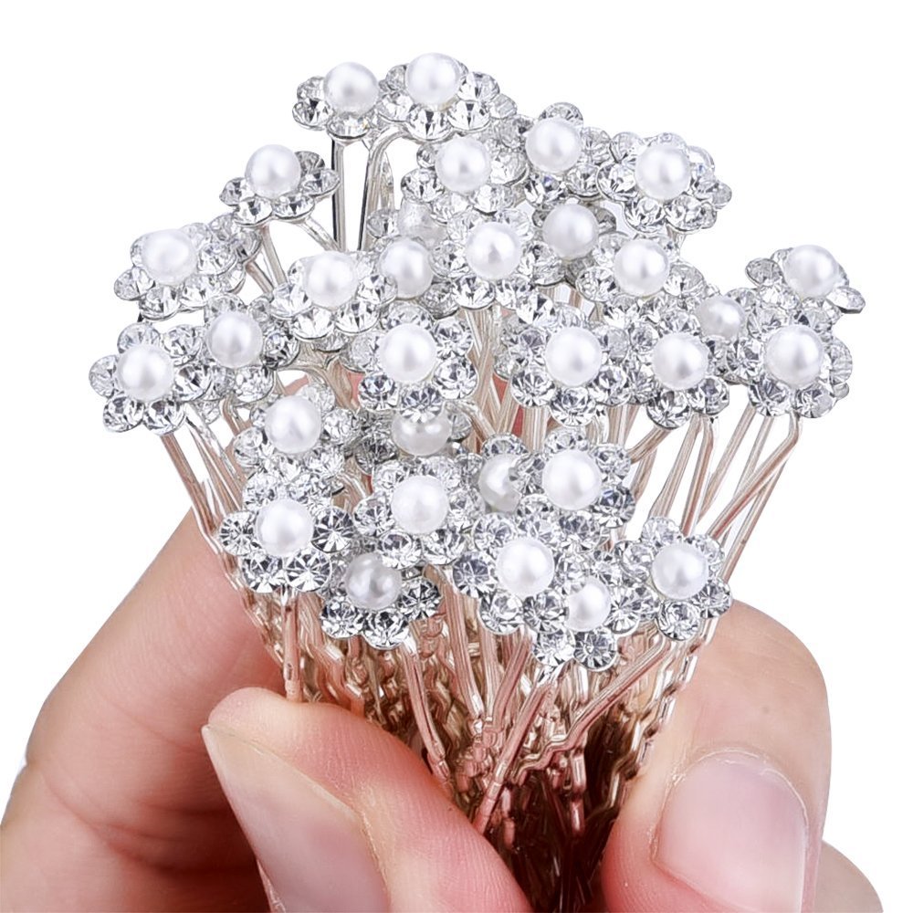 Vpang 20 piezas de horquillas para el pelo de cristal de perlas para boda, accesorios decorativos para el cabello (blanco)