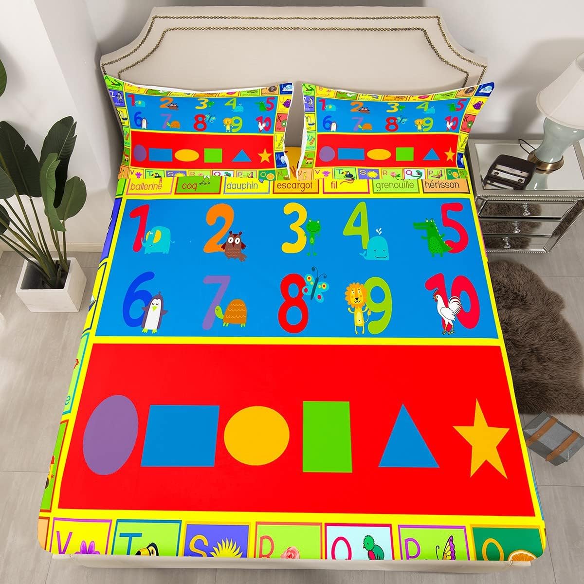 Juego de sábanas de aprendizaje educativo para niños y niñas, con números ABC, con formas del alfabeto, sábana bajera para niños pequeños, ultra