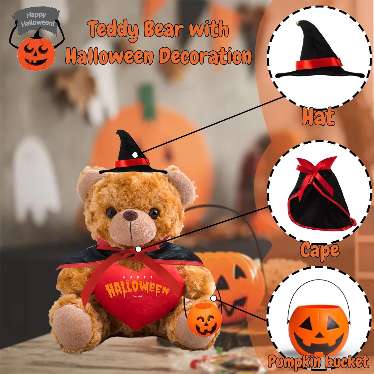 Oso de peluche de Halloween con corazón personalizado con texto personalizado, juguetes de Halloween con decoración de calabaza, sombrero y capa de