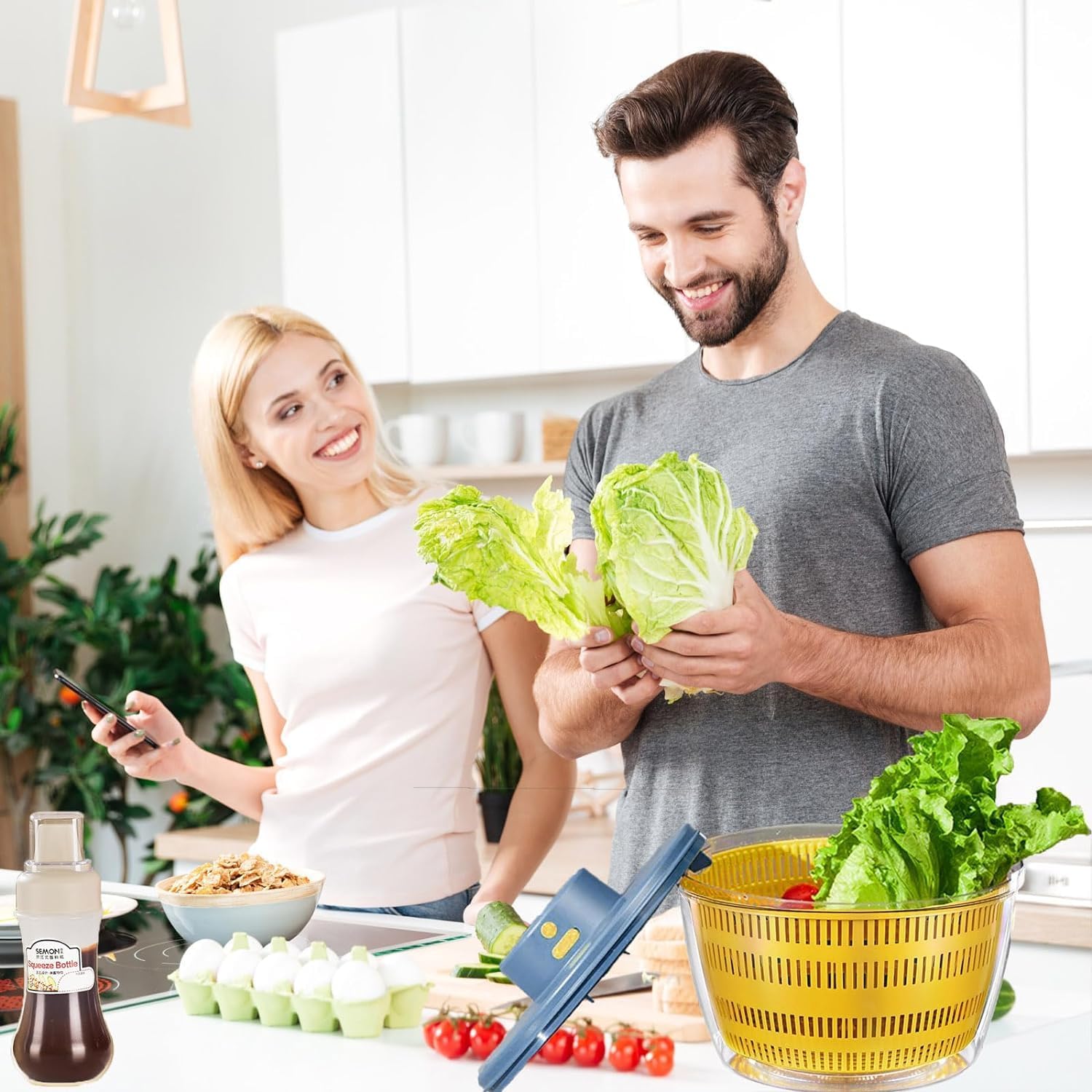 Girador eléctrico de ensalada de 4.2 cuartos de galón, limpiador de frutas, secadora de verduras, lavadora de frutas con cuenco y colador, mezclador
