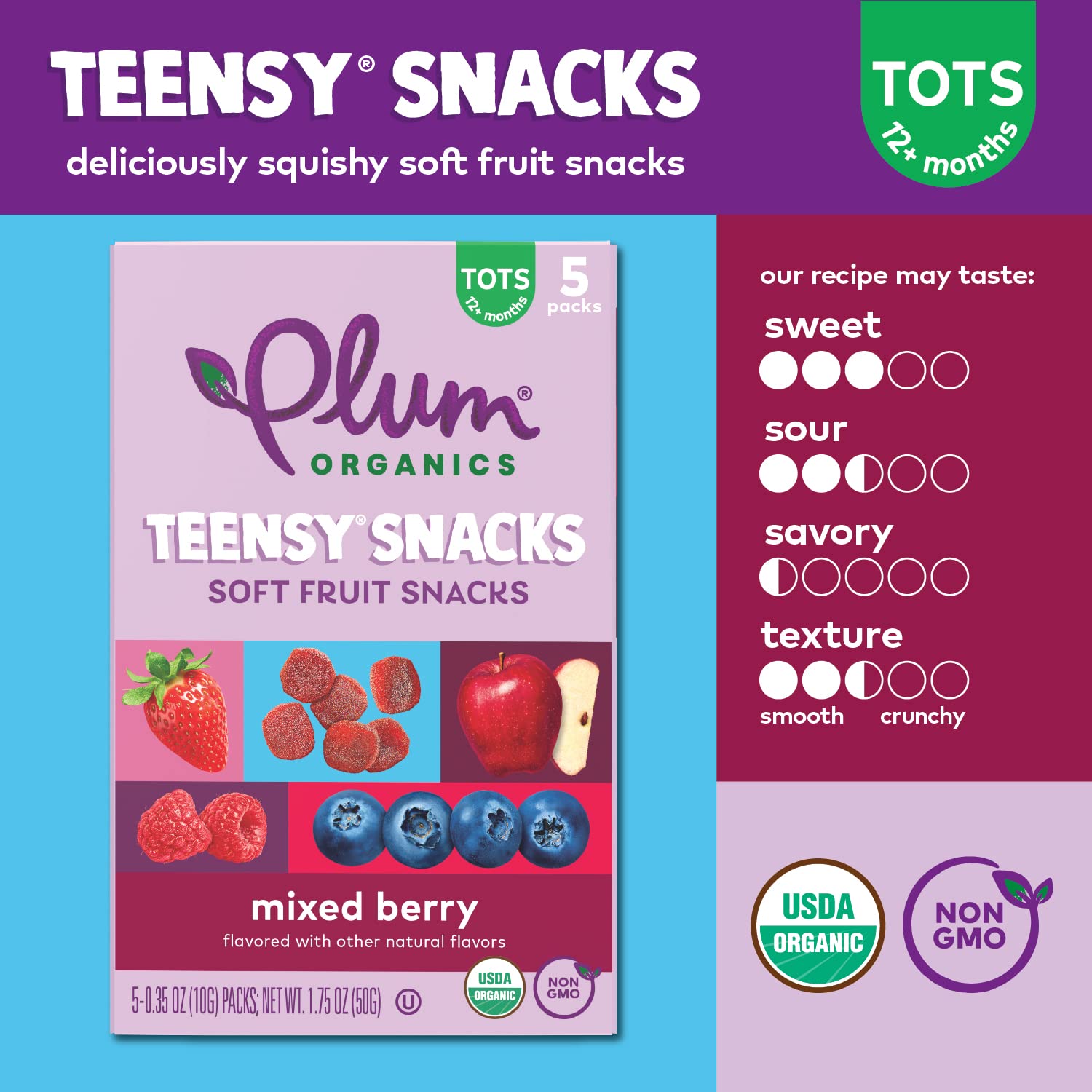 Plum Organics Teensy Snacks Snacks orgánicos de frutas para niños pequeños, bayas, bolsas de 1,75 onzas (caja de 8)