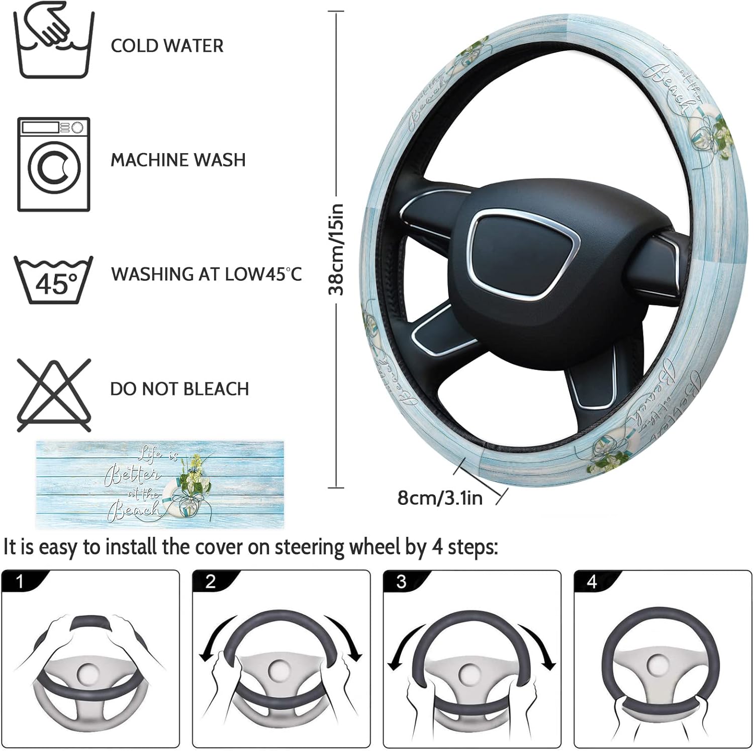 Car Steering Wheel Cover, Floral Wood Grain Elastic Stretch Sponge Steering Wheels Protective Cover for Vehicles Trucks SUVs Universal Automotive