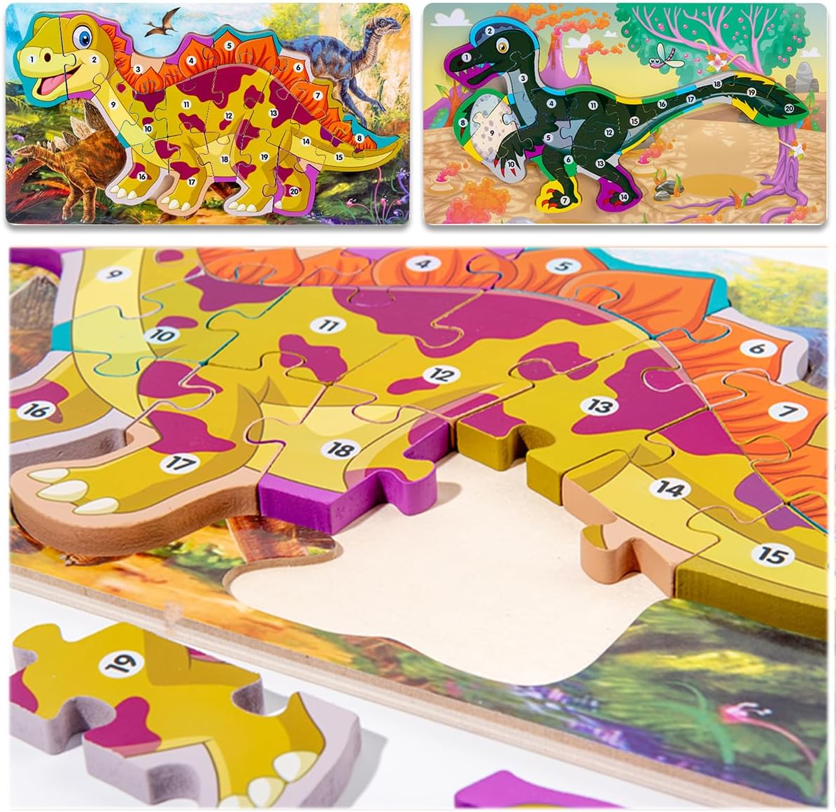 Rompecabezas de madera para niños pequeños, rompecabezas de dinosaurio de gran tamaño de 2 piezas, rompecabezas de madera para niños de 2, 3, 4, 5