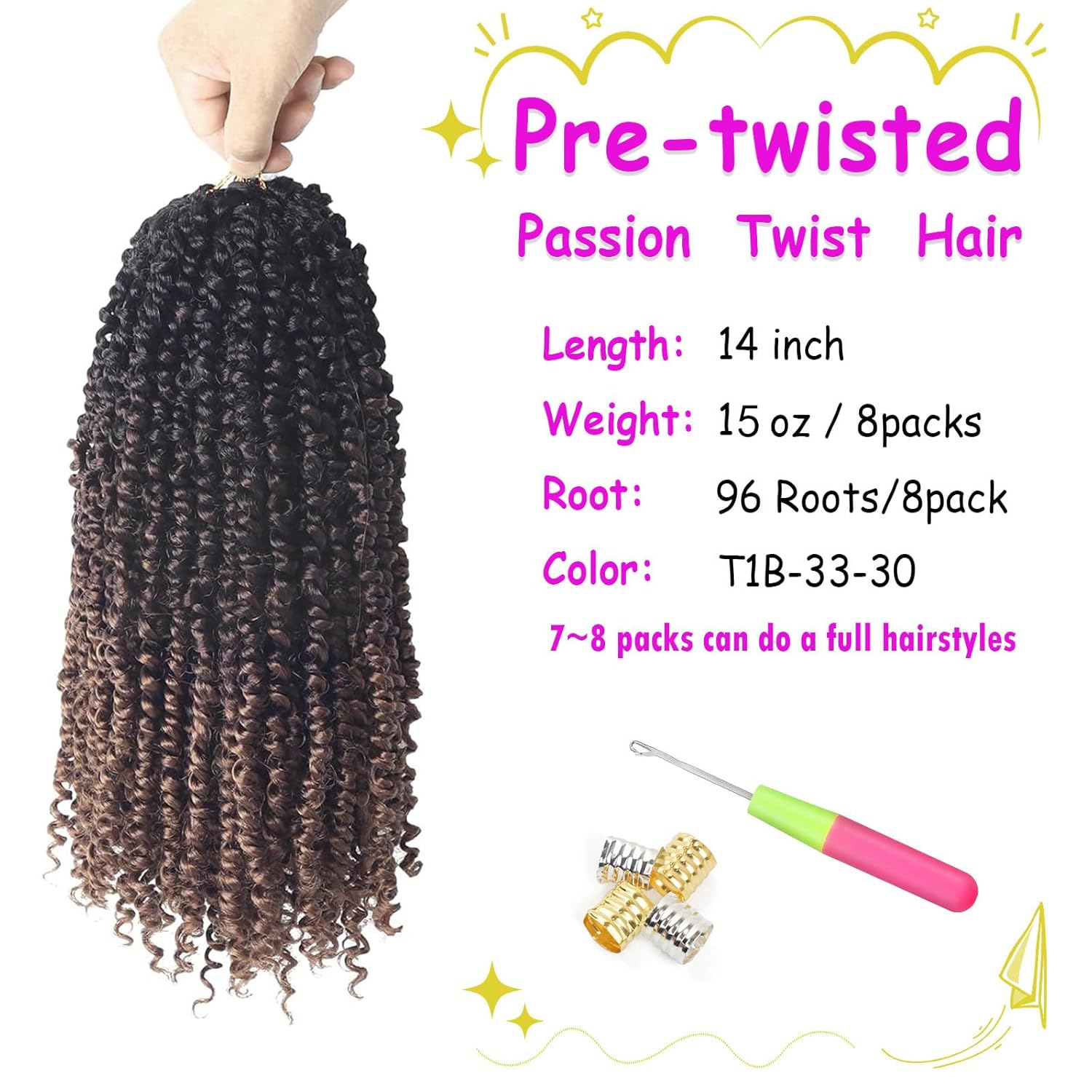 Cabello de estilo Passion Twist ombré de 14 pulgadas, cabello de ganchillo Passion Twist para mujeres negras, trenzas bohemias pretrenzadas de