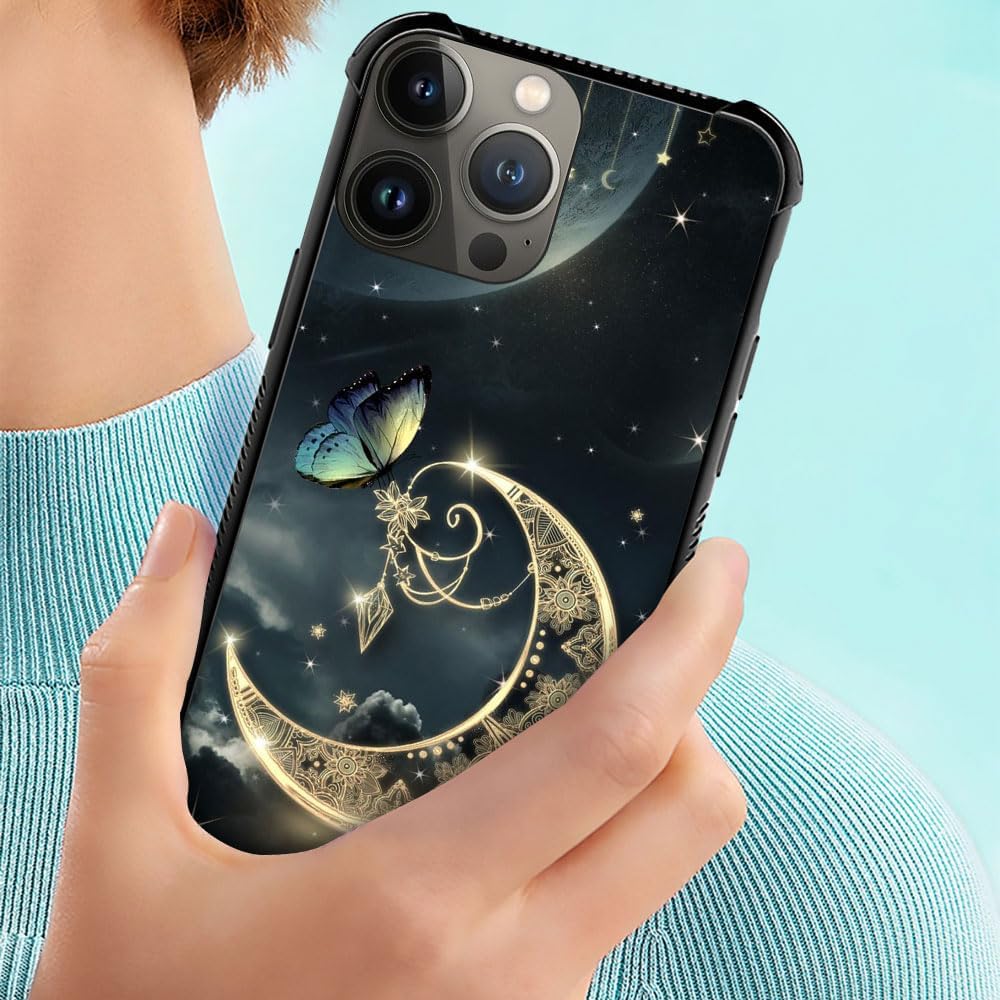 DAIZAG Funda compatible con iPhone 15 Plus, funda de poliuretano termoplástico (TPU) de fantasía retro dorada con luna estrellada y mariposa para
