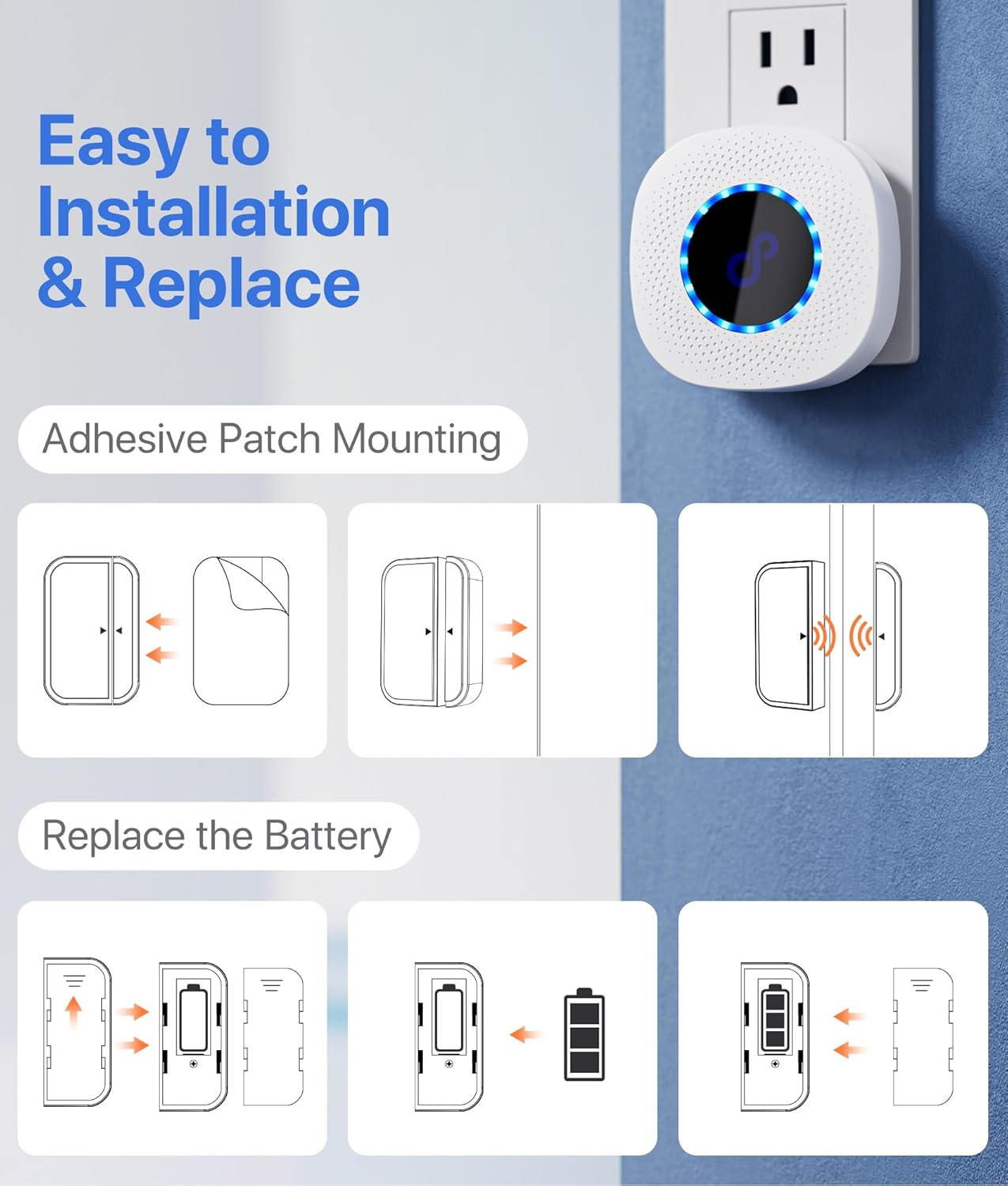 Timbre de puerta, timbre con sensor de puerta con rango de 1100 pies, volumen ajustable y 50 alarmas de timbre para seguridad de los niños, timbre