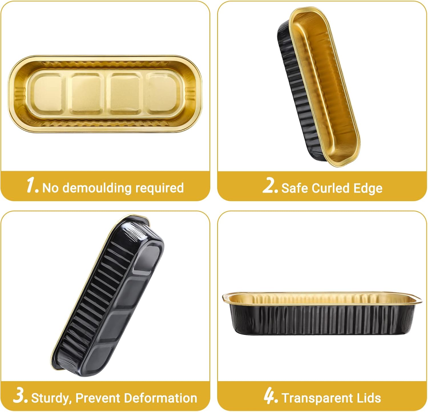 EUSOAR Tazas para hornear con tapas, 50 piezas de 6.8 onzas, 6.5 x 2.5 x 1.2 pulgadas, papel de aluminio desechable negro y dorado, moldes para
