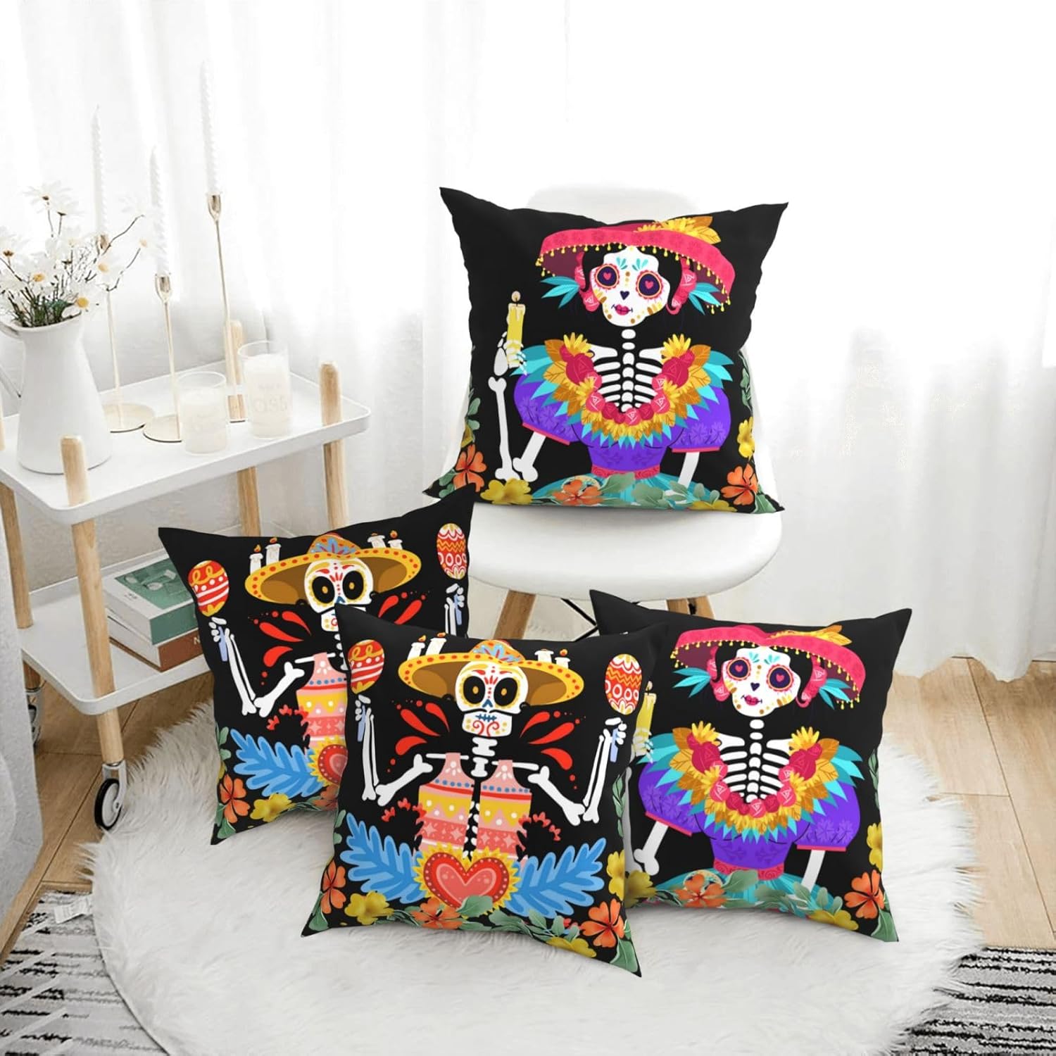 4 fundas de almohada mexicanas del Día de los Muertos, fundas de almohada con diseño de acuarela floral de calavera de azúcar, funda de cojín