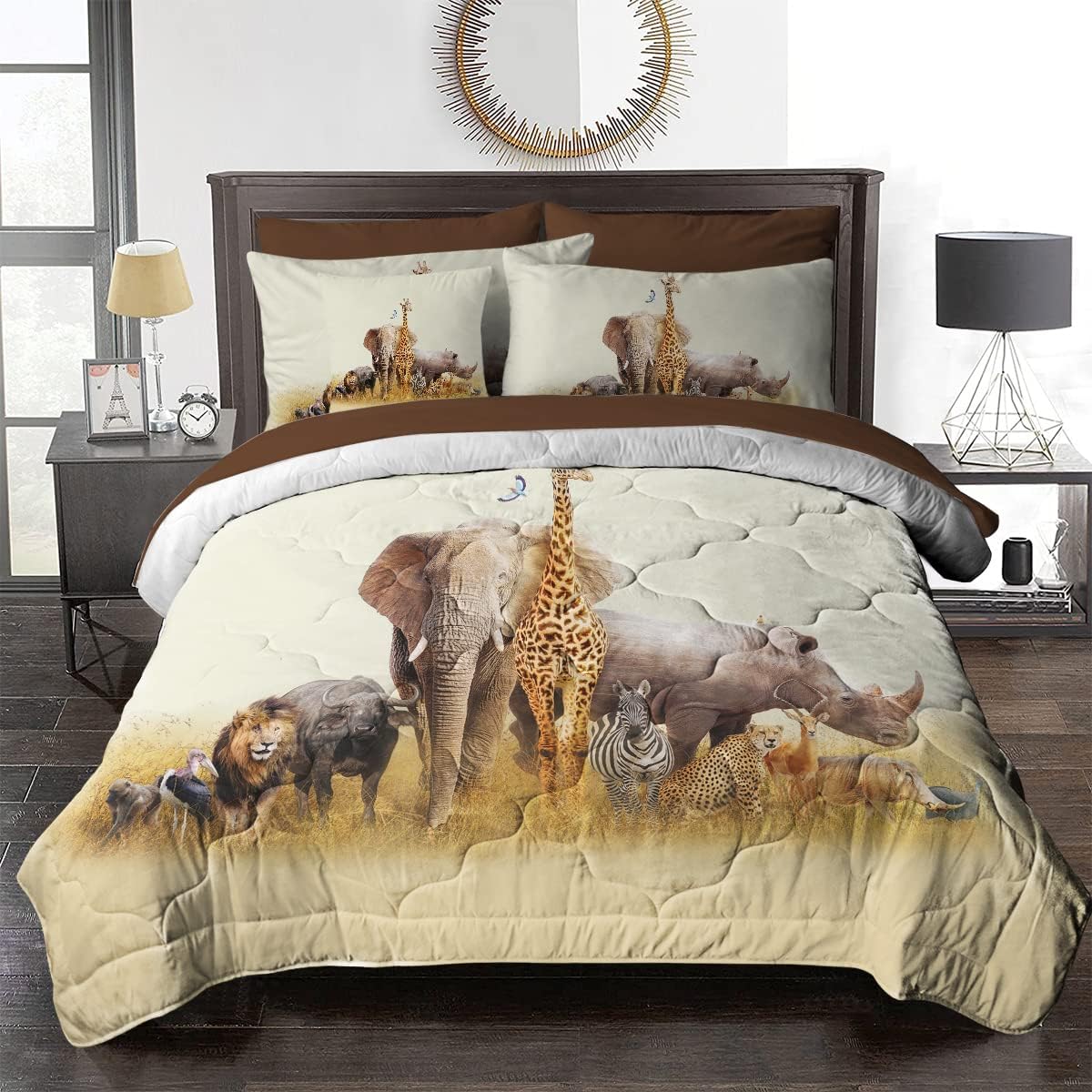 BlessLiving Safari Bed-in-A-Bag – Juego de edredón de 8 piezas de animales de la selva para niños, ropa de cama tamaño Queen, 1 edredón, 2 fundas, 1