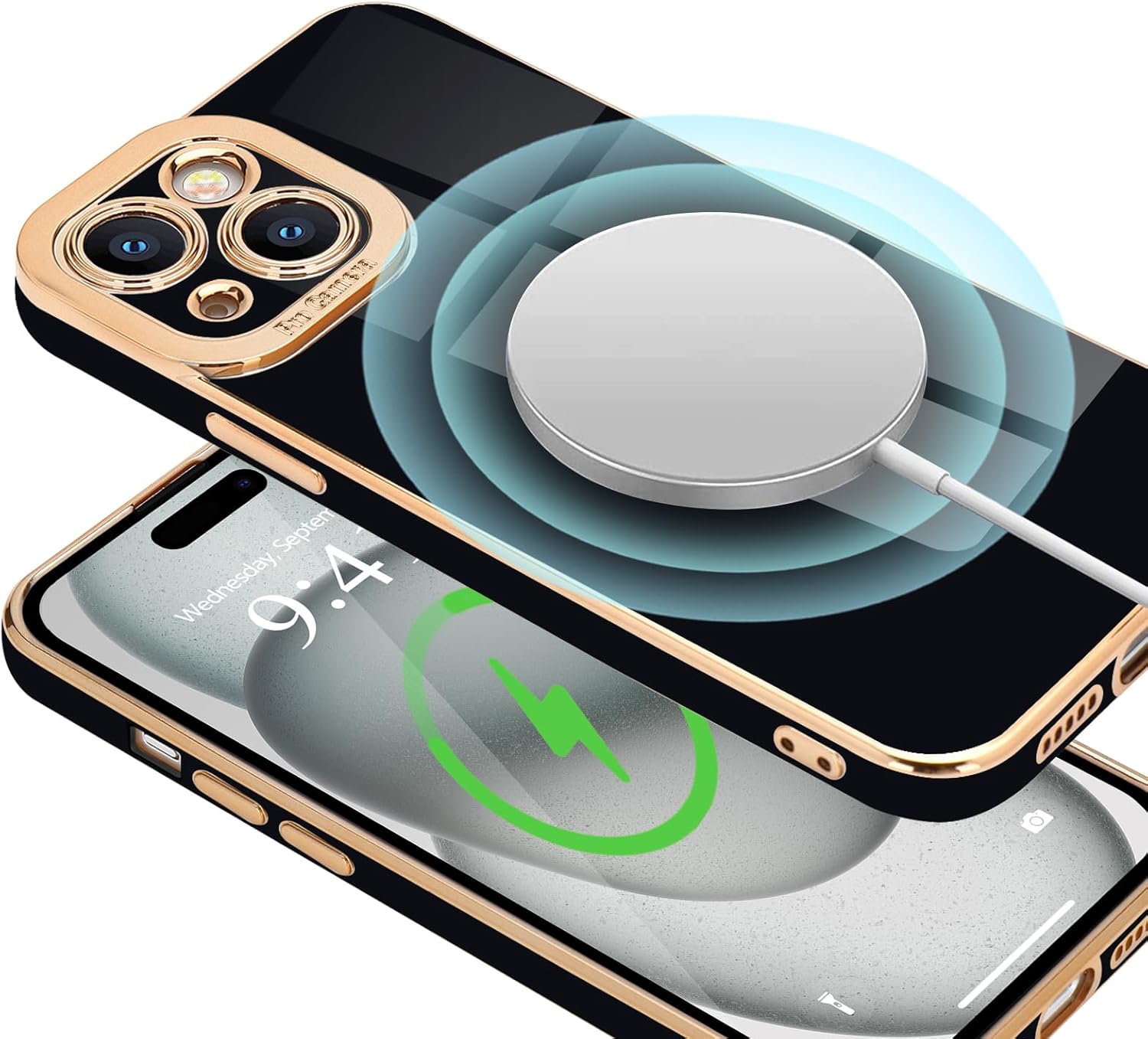 Lafunda Funda para iPhone 15 Plus para mujeres y niñas con 2 protectores de pantalla lindo lujo chapado en oro parachoques elegante cubierta de
