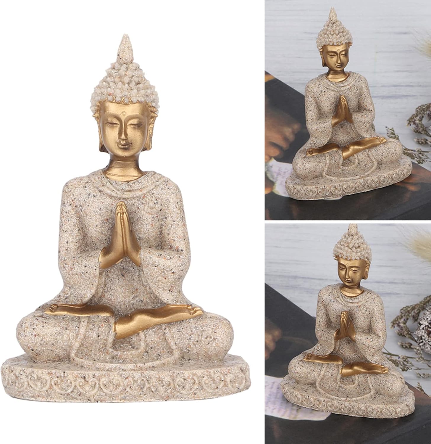 TOPINCN Estatua de Buda sentada, budismo, meditación, tallado, artesanía para decoración del hogar y jardín (A dorado)