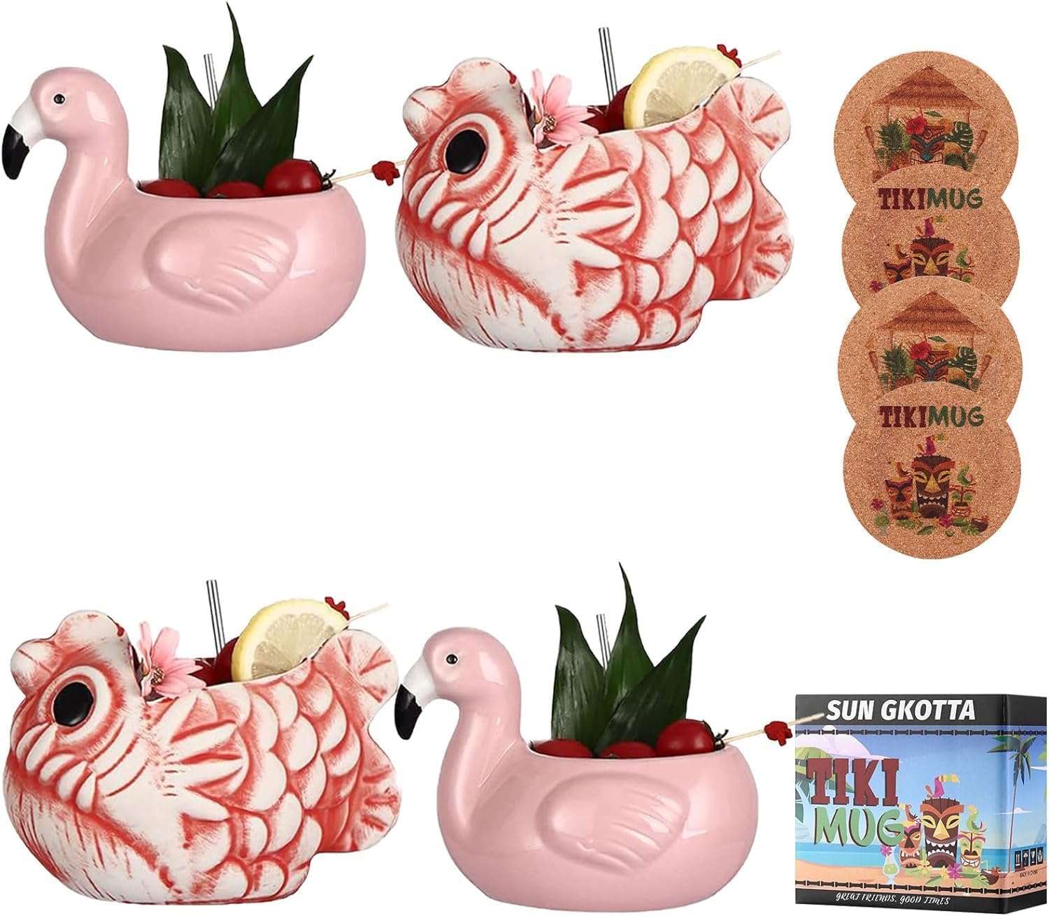 Juego de 4 tazas Tiki para cóctel y jugo, lindo juego de regalo de taza tiki de cerámica, copas de cóctel con forma de animal para fiesta hawaiana,
