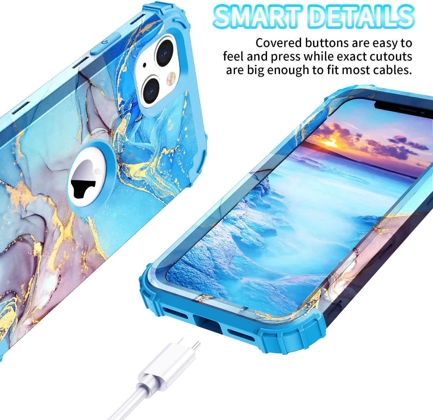 Funda para iPhone 13, tres capas de alta resistencia a los golpes, protección de plástico duro + funda protectora híbrida de goma de silicona suave