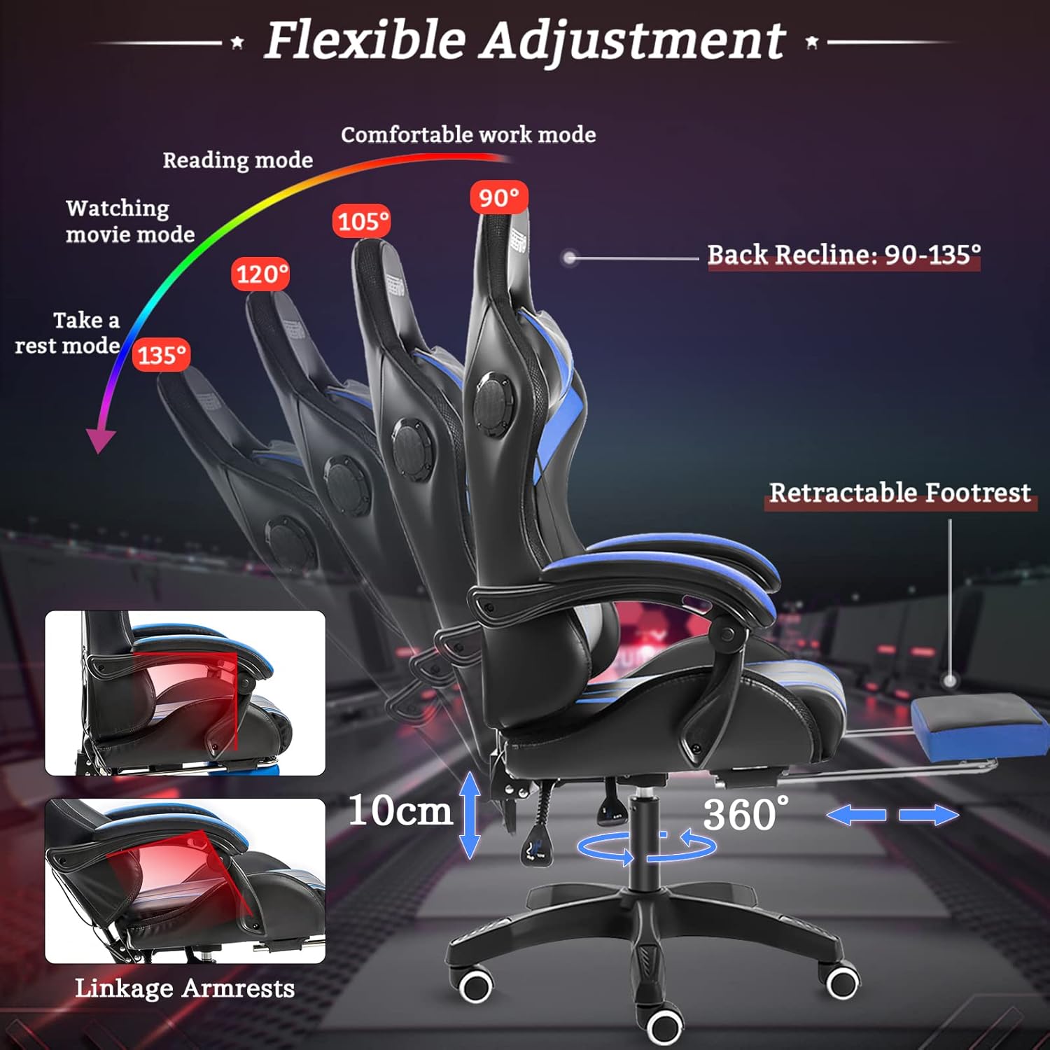 HOFFREE Silla de juegos con masaje y luces LED, silla ergonómica para juegos de computadora con reposapiés, silla de videojuegos RGB con respaldo