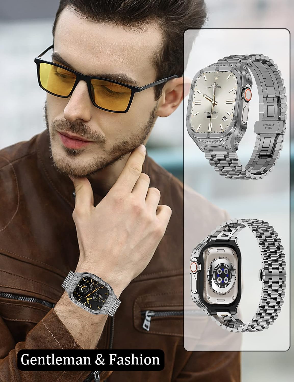Stainless Steel CaseBand Compatiable for Apple Watch Band 49mm 45mm 44mm 42mm-Rugged Metal iWatch Case and Strap for Men iWatch Band Series
