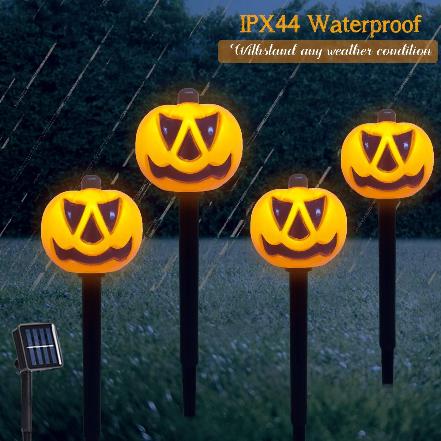 Luces solares para decoración de Halloween al aire libre, 4 piezas impermeables de Halloween, luces de estaca de calabaza iluminadas para Halloween,