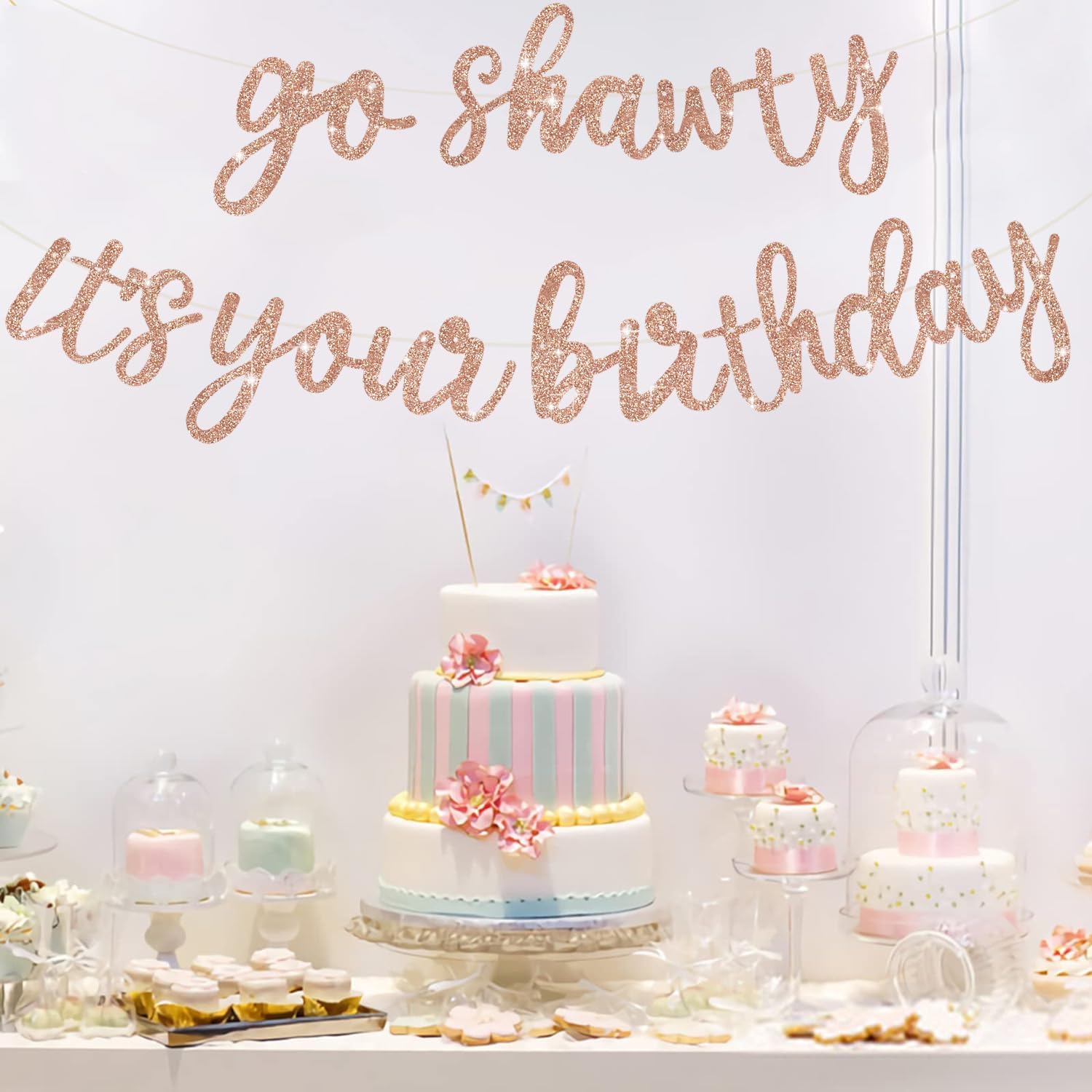 Cartel de oro rosa con texto en inglés “Go Shawty It’s Your Birthday”, “NO DIY”, cartel de feliz cumpleaños con purpurina con temática de hip hop,