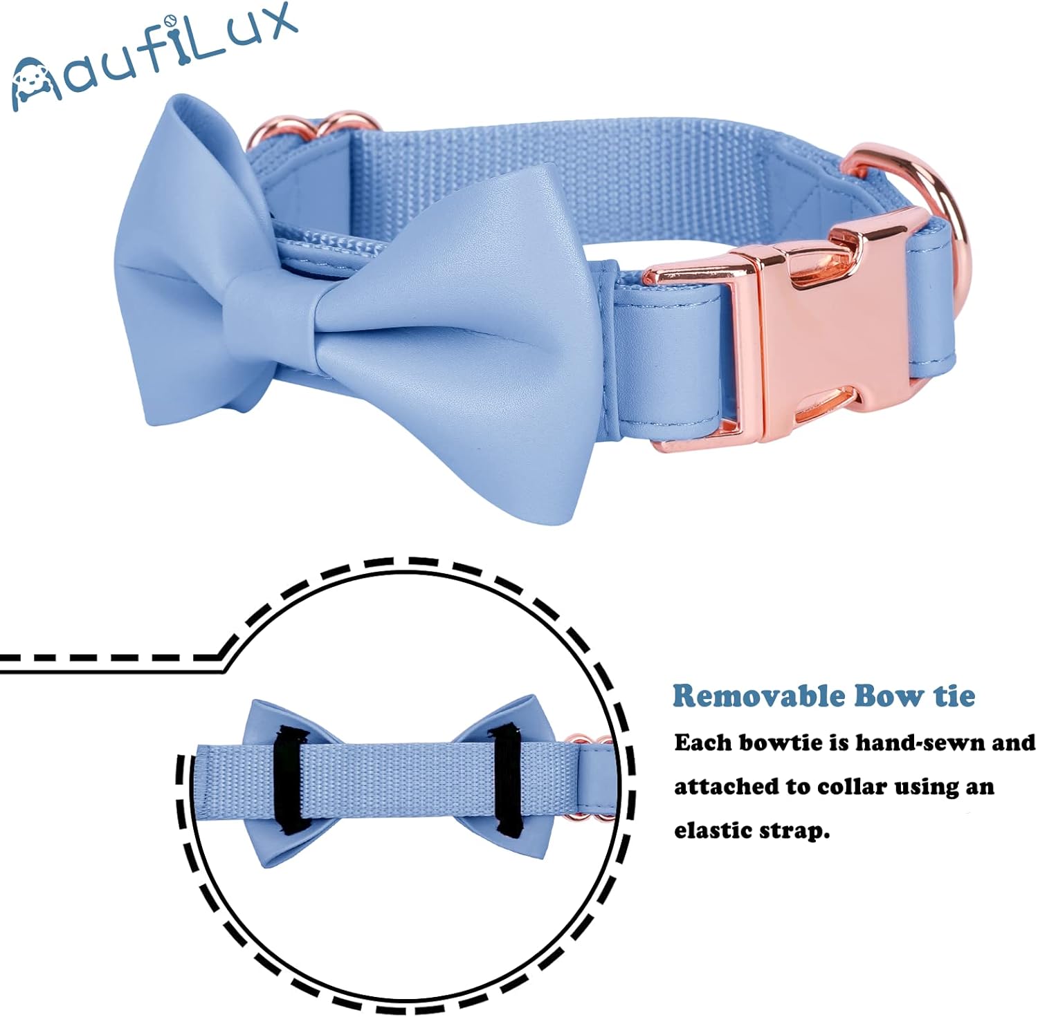 Collar de cuero suave para perro, ajustable, lindo collar de pajarita fácil de limpiar con elegante hebilla de metal resistente de oro rosa para