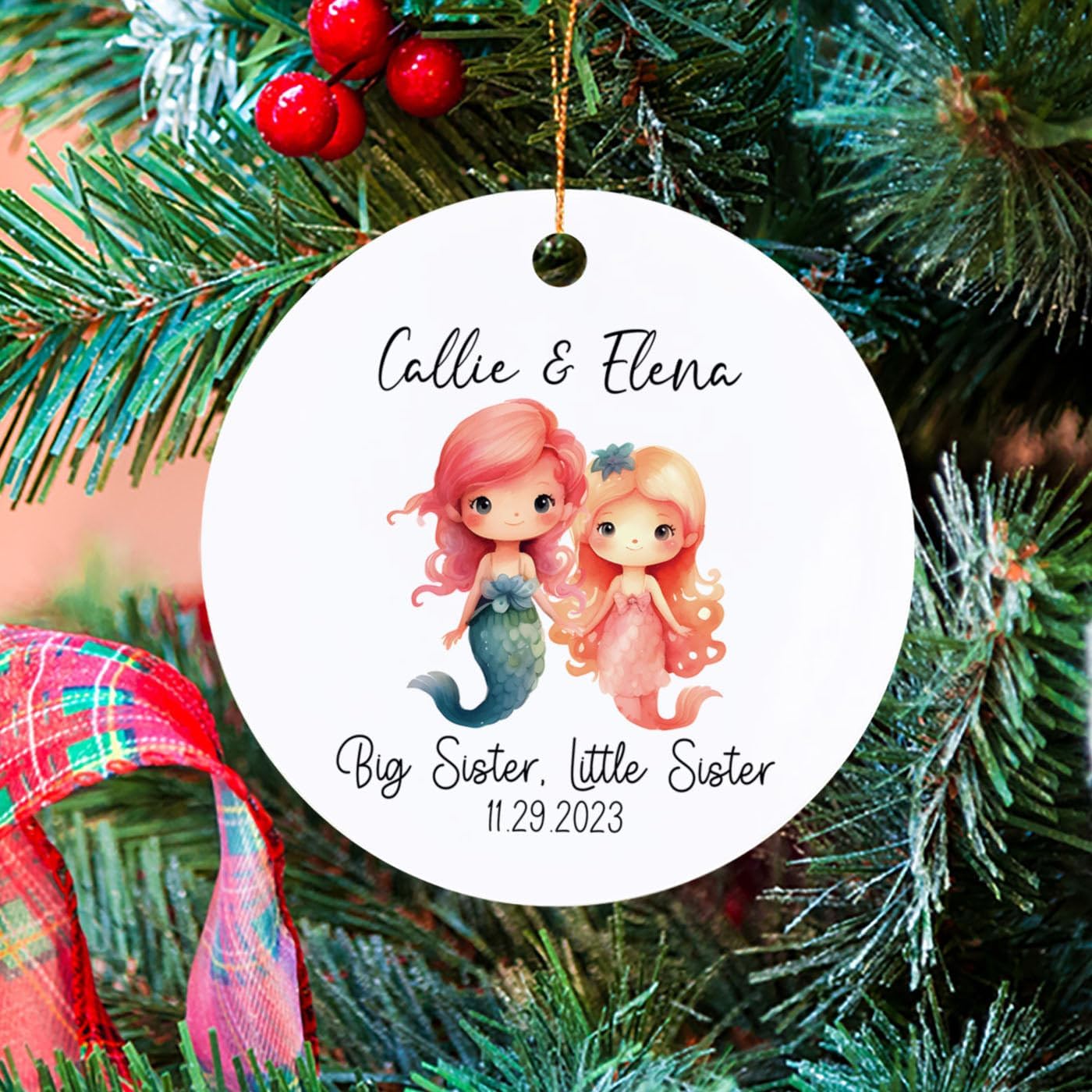 Adorno de Navidad personalizado para hermana mayor, hermana pequeña, sirena, árbol de Navidad, regalo con nombres y fecha personalizados, adornos de