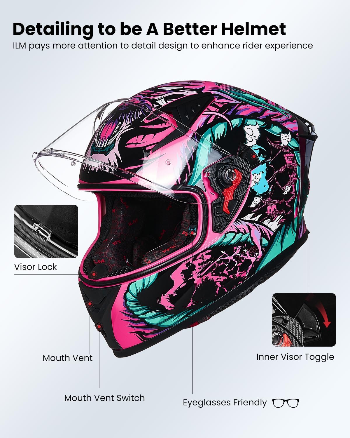 ILM Casco de motocicleta de cara completa con Pinlock compatible con viseras y aletas transparentes y tintadas, casco de motocross para bicicleta de