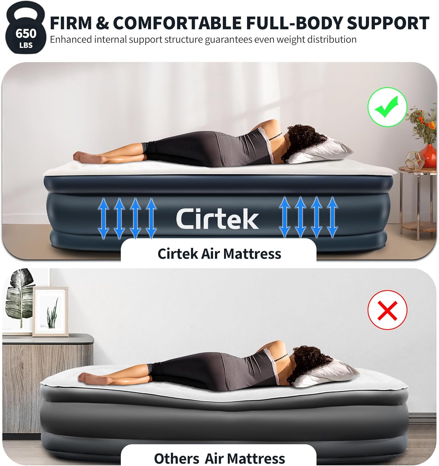 Cirtek Colchón inflable Queen de 18 pulgadas para campamento, viajes, dormir, colchón inflable de tamaño portátil con bomba eléctrica, cama de aire