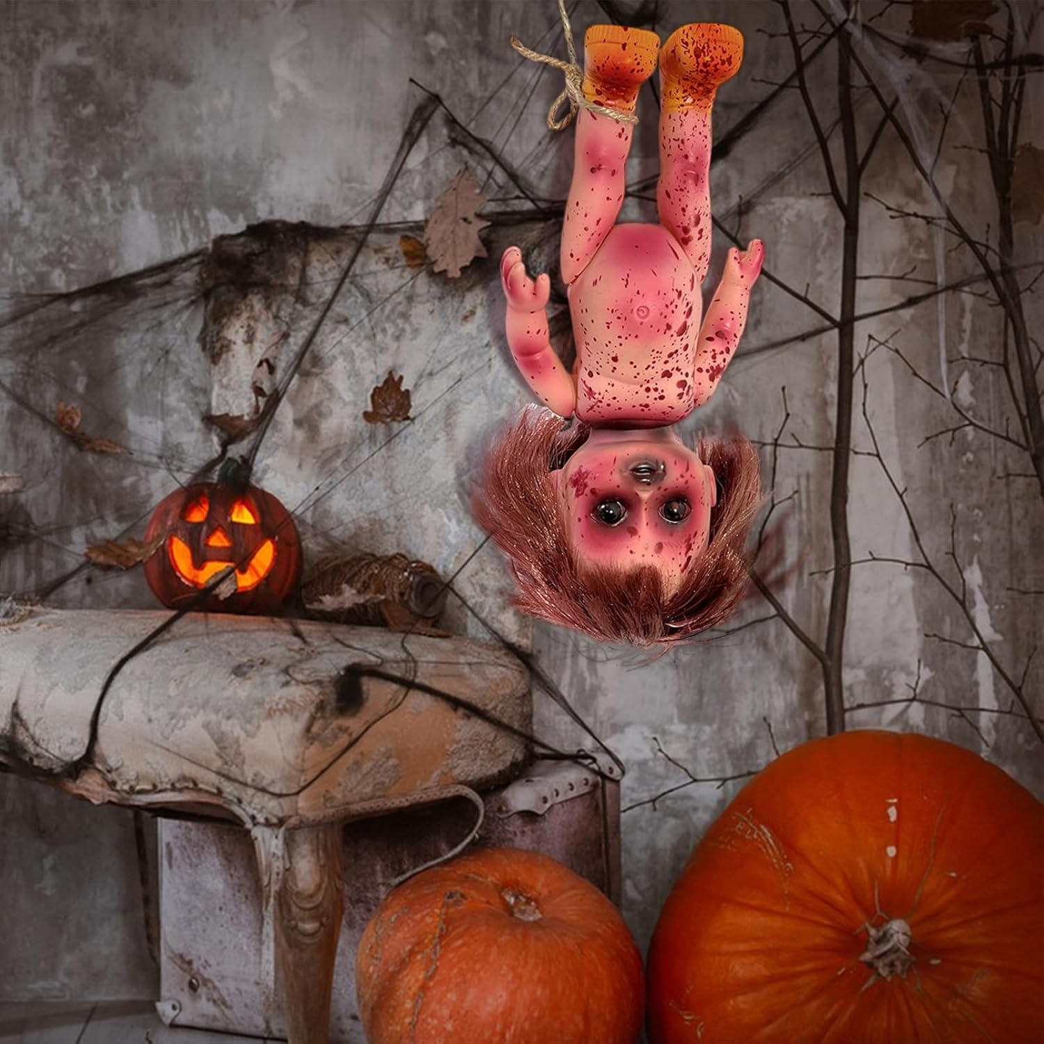 Muñeca de Halloween, espeluznante muñeca zombi de Halloween, juguete de decoración de terror de casa embrujada, juguete de decoración con sangre
