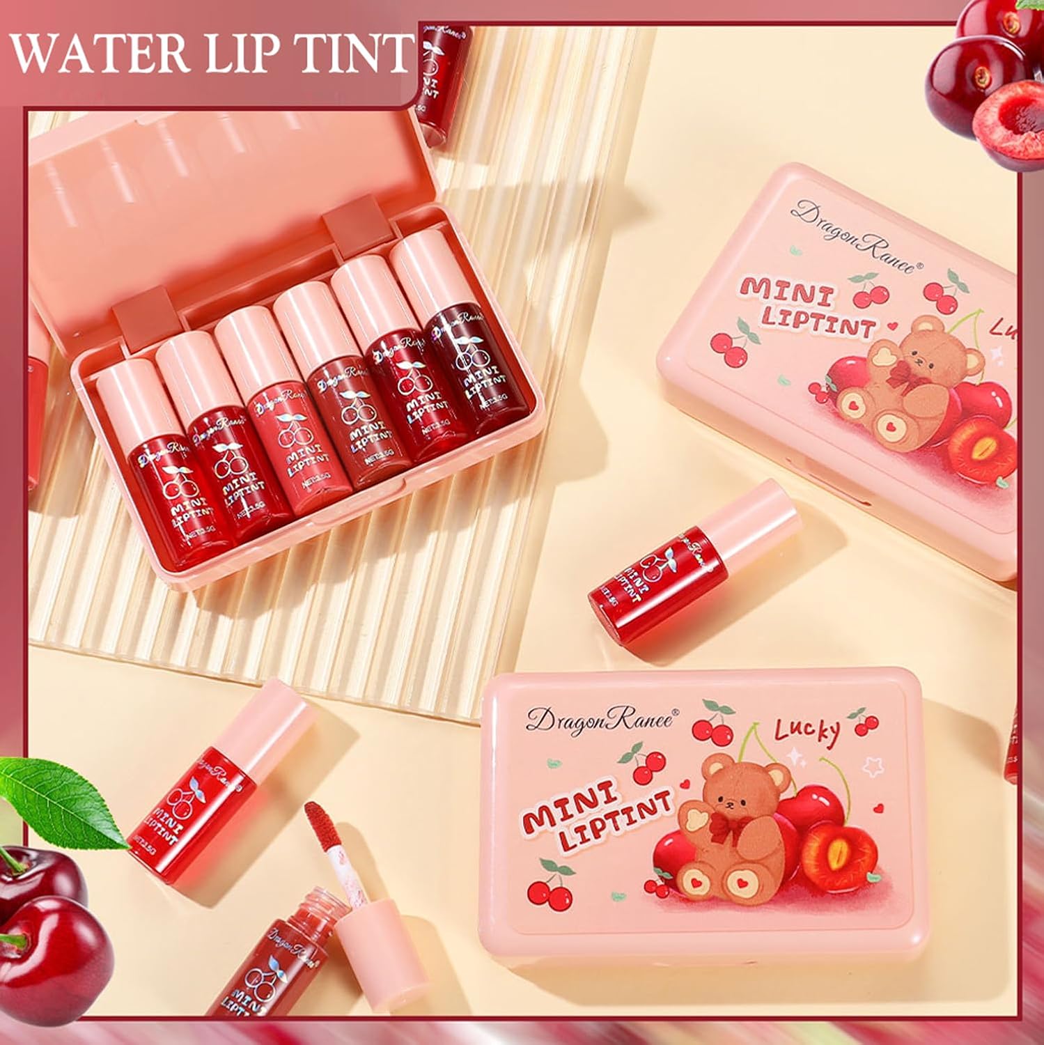 Juego de 6 colores de tinte de labios de cereza, brillo de labios coreano, mini lápiz labial líquido, tinte de labios y mejillas multiusos, taza