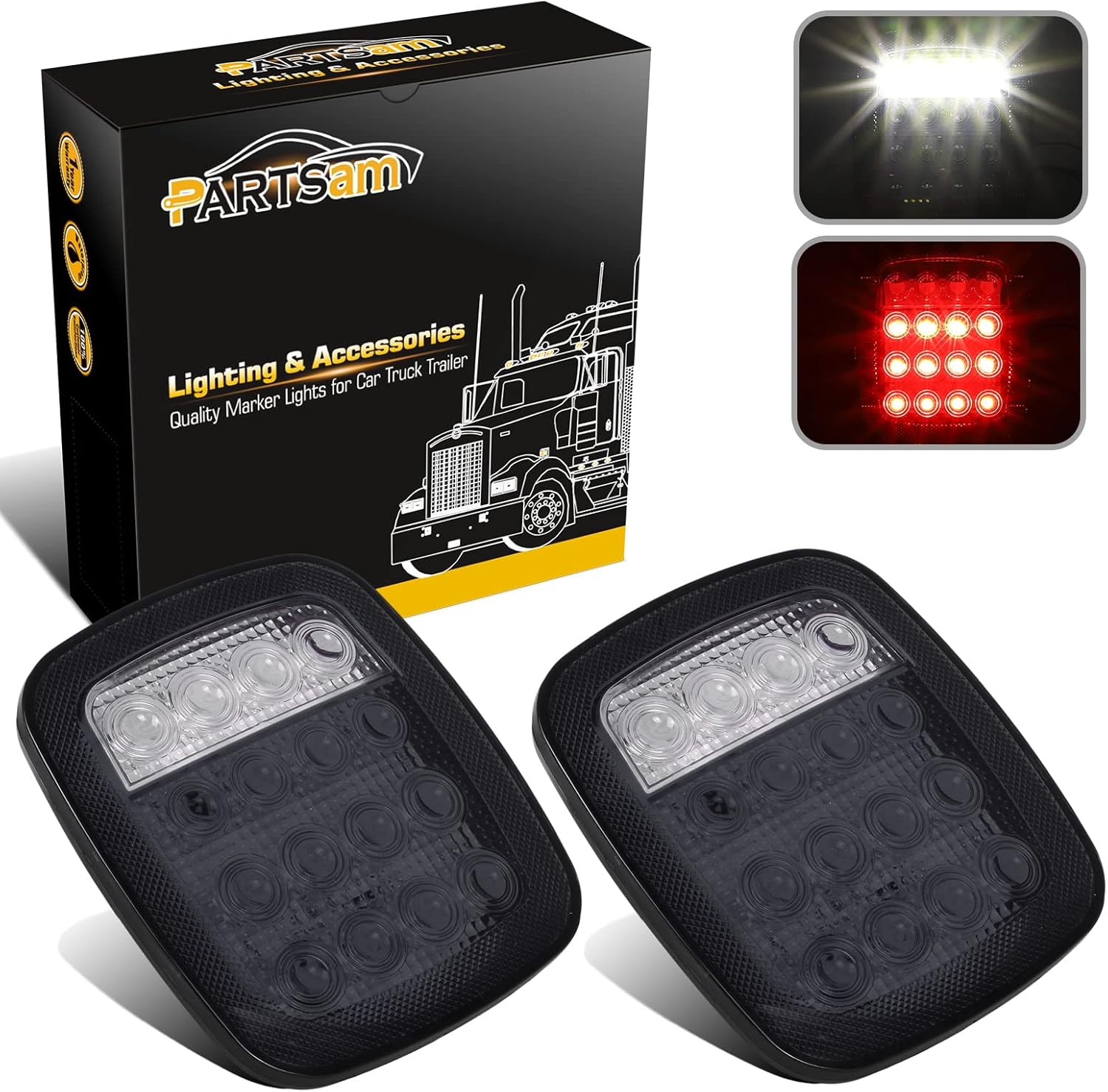 Partsam 2 luces traseras LED, 16 LED, combinación de luces traseras de freno de freno y marcha atrás, 12-5050, rojo 4-5050, lente ahumada blanca,