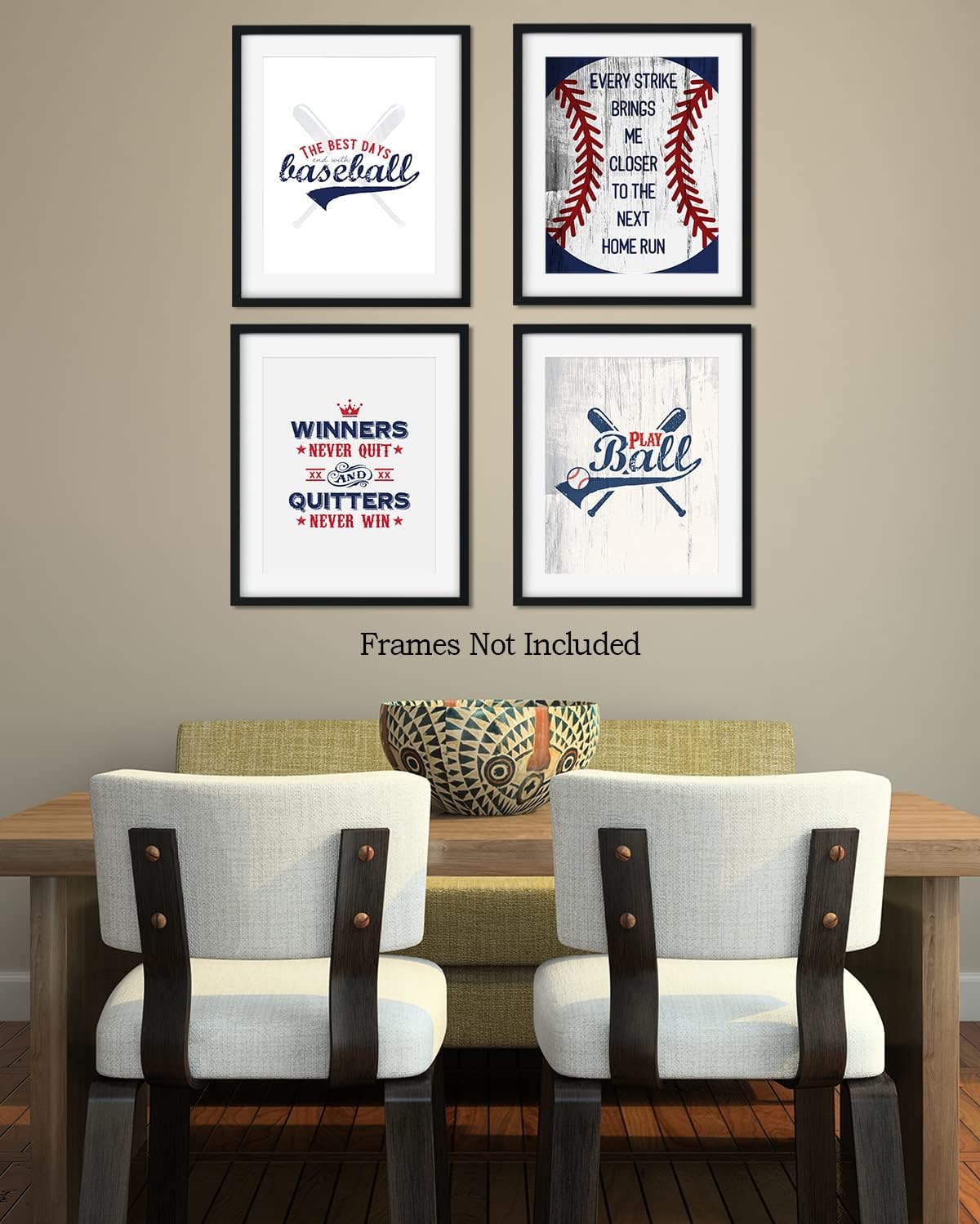 Govivo Arte de pared motivacional de béisbol, juego de 4 impresiones sin marco (8 x 10), arte inspirador de pared de béisbol para dormitorio de