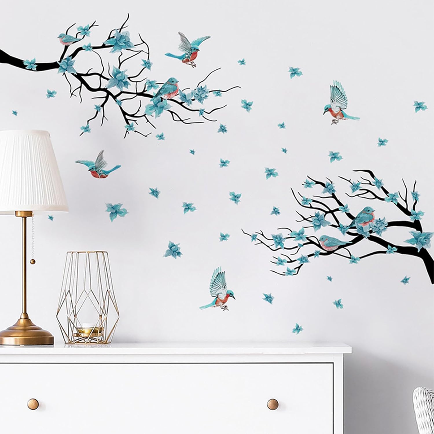Calcomanías de pared de acuarela con flores azules (52.3 x 30.3 pulgadas), calcomanías de pared con flores y pájaros, ramas de árbol, sala de estar,