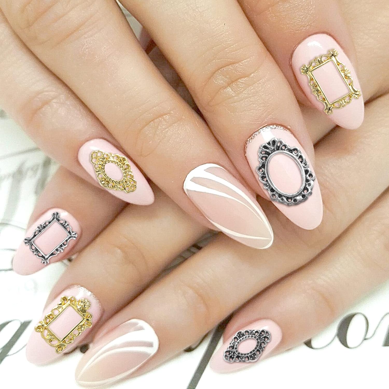 CHANZET 80 dijes de uñas de metal 3D, marco gótico para arte de uñas, joyas de uñas retro doradas y plateadas, decoración de uñas para mujeres y