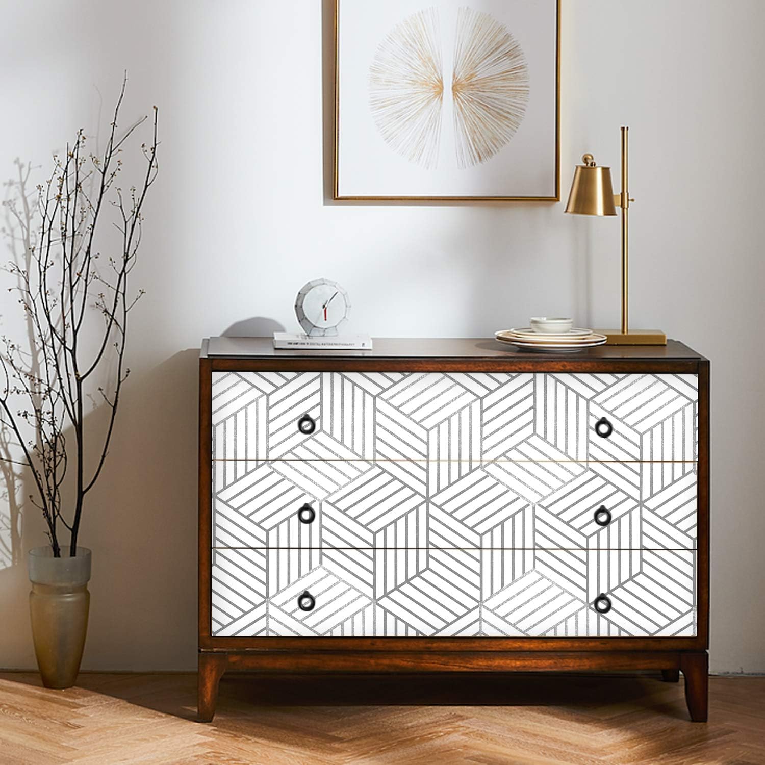 WENMER Papel tapiz hexagonal geométrico, papel de contacto de 17.71 x 78.7 pulgadas, papel tapiz hexagonal geométrico plateado para despegar y