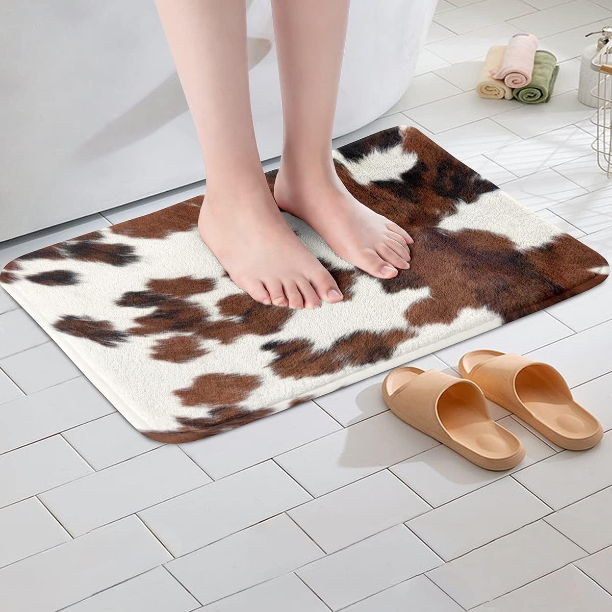 Erosebridal Alfombra de piel de vaca sintética, bonito tapete de baño con estampado de vaca marrón, tapete de baño con patrón de piel de animal para