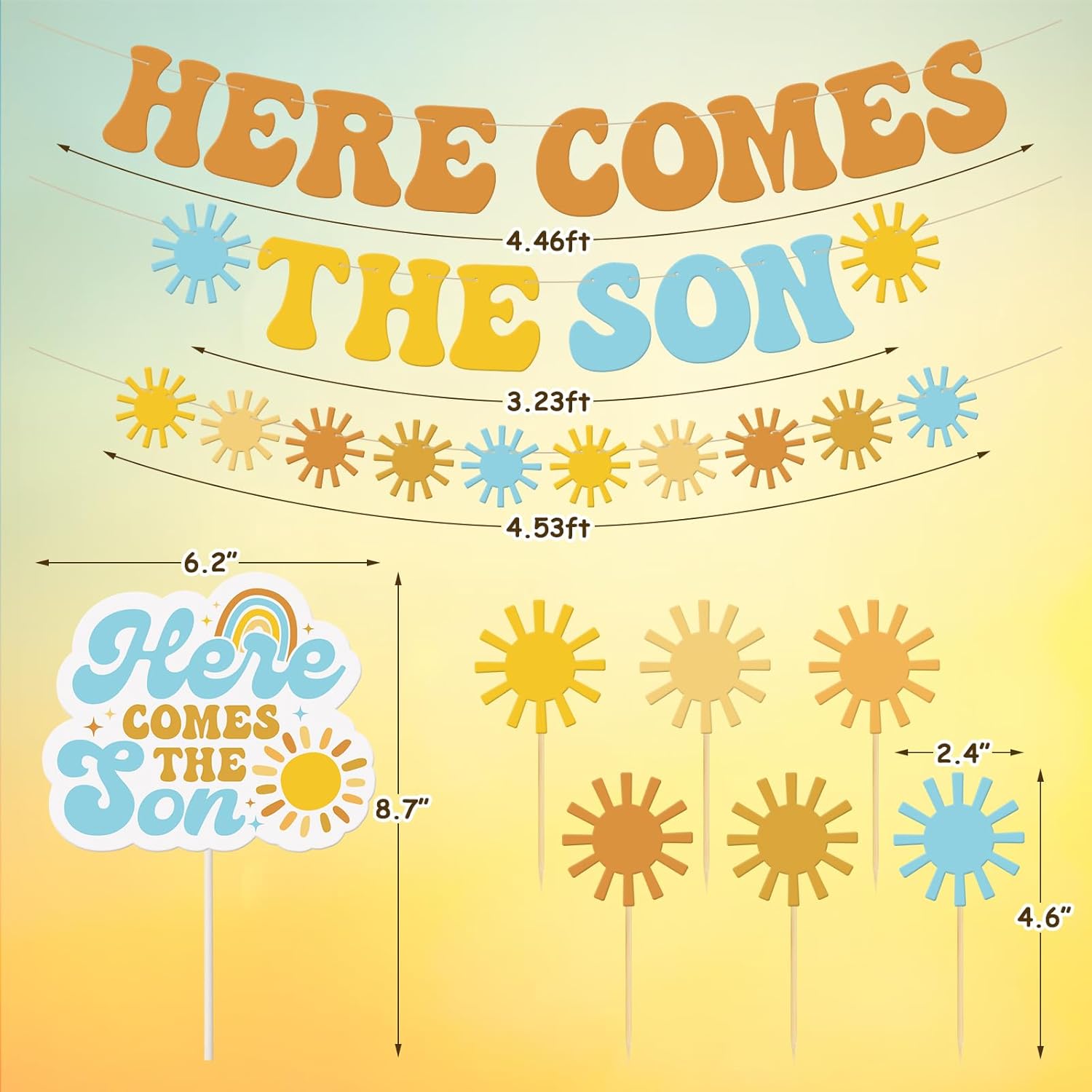 Sinasasspel Decoraciones de baby shower con el texto en inglés Here Comes the Son (Here Comes the Son), decoración minimalista para cupcakes, globos