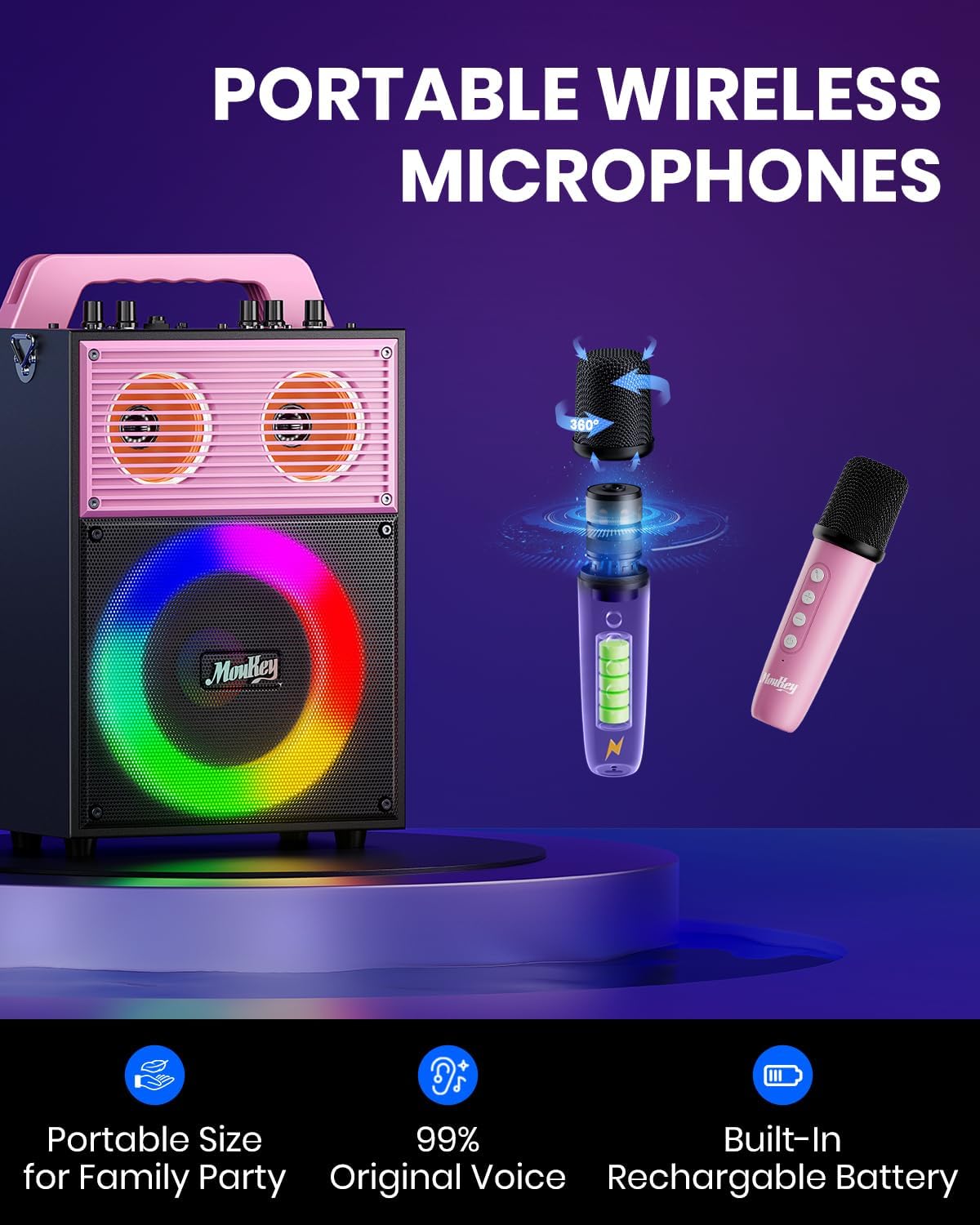 Moukey Máquina de karaoke para adultos y niños, sistema PA portátil, altavoz Bluetooth para fiesta con 2 micrófonos inalámbricos y luz de disco