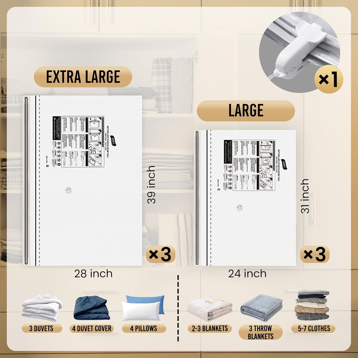 TAILI – Paquete de 6 bolsas de almacenamiento al vacío con cremallera lateral larga, bolsas ahorradoras de espacio (3 L+3 extra grandes), bolsas de