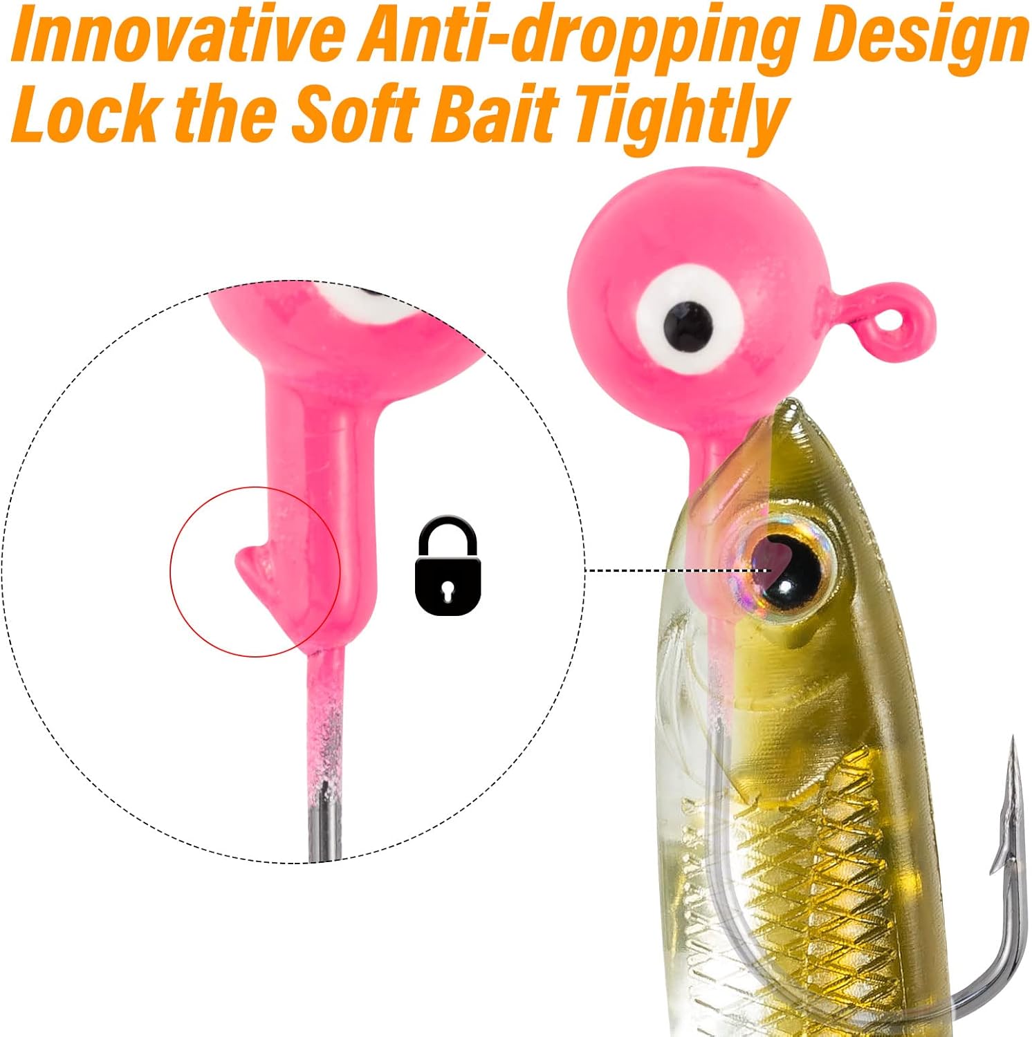 Paquete de 10 plantillas de pesca redondas, plantillas de bola de lubina, ojos 3D, ganchos de acero de alto carbono, señuelos de bajo, cabezas de