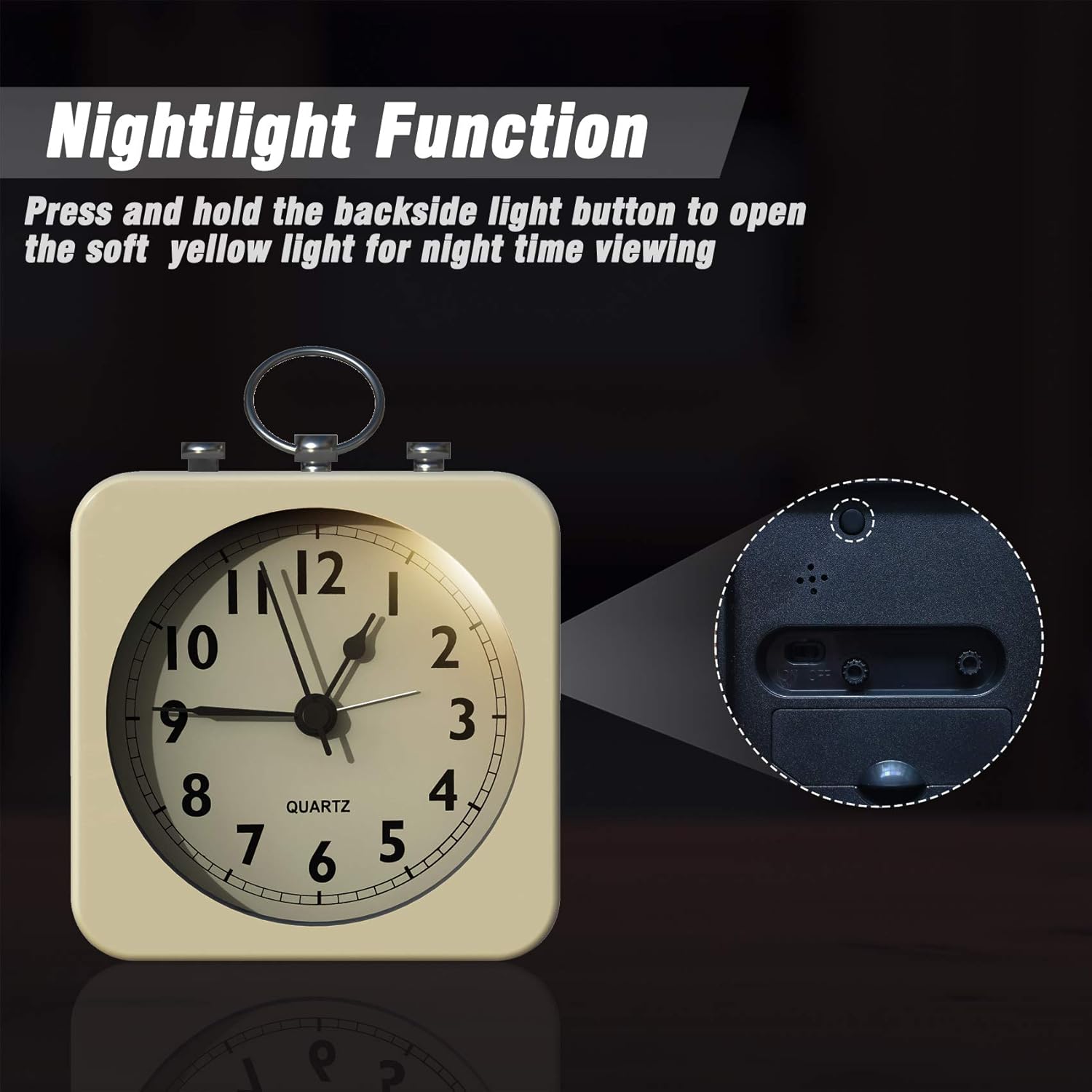 AYRELY Reloj despertador a pilas con caja cuadrada de metal, cuarzo analógico sin tictac, operación simple para dormitorio, viajes, escritorio,