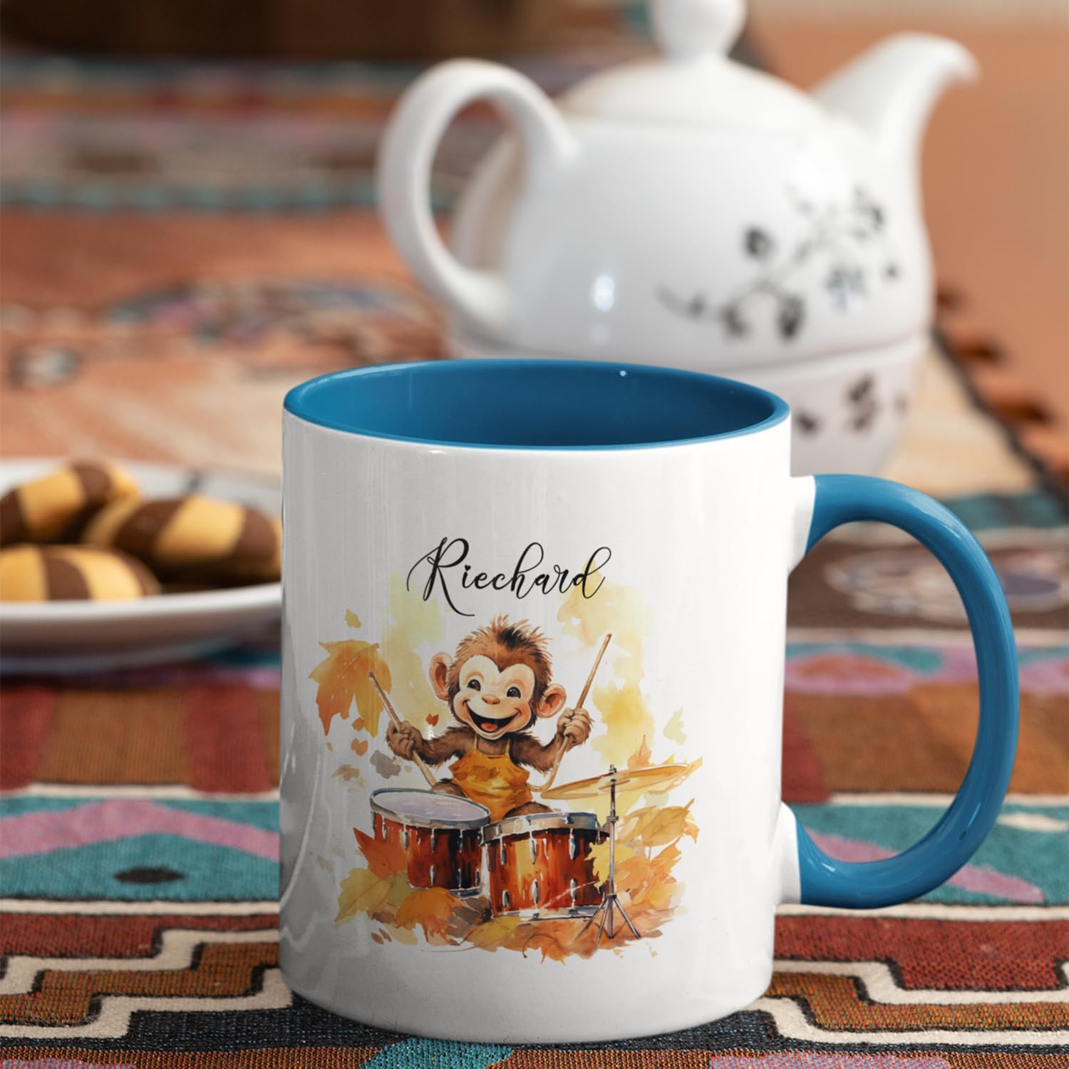 Taza de cerámica blanca de mono de otoño personalizada de 11 onzas, 15 onzas, tazas de té de tambor, regalo de tazas de otoño para amantes del