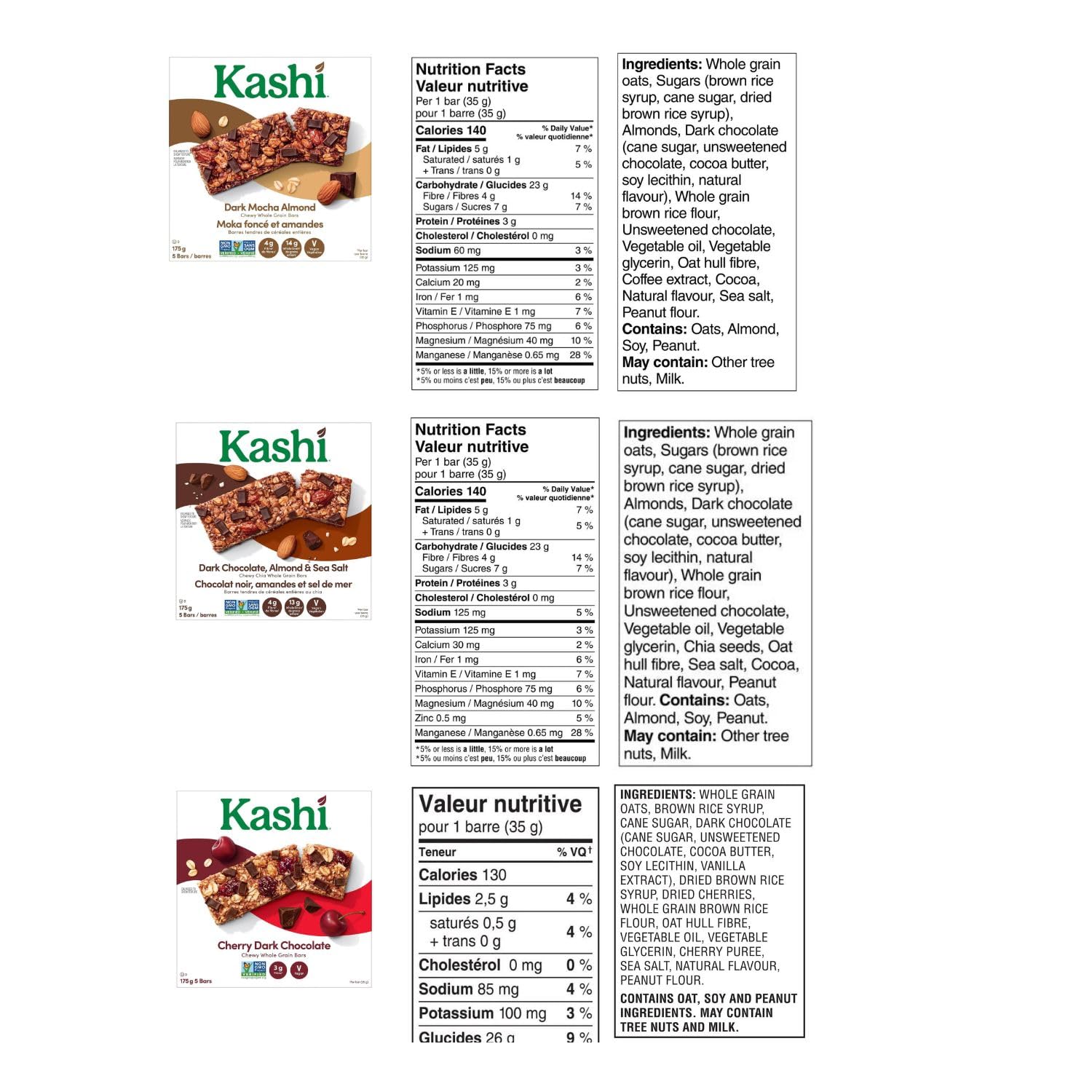 Kashi – Barras de granola masticables variedades, chocolate oscuro cereza, moca y sal marina de almendras, (paquete de 3 cajas), 175 g6.1 oz