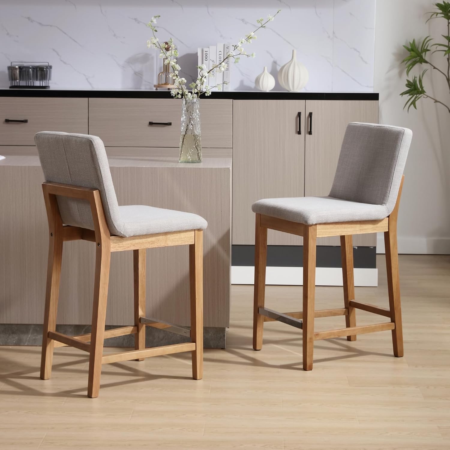 DM Furniture Taburete de mostrador para isla de cocina, juego de 2 taburetes de bar tapizados de tela de lino con respaldo de 26 pulgadas, taburetes