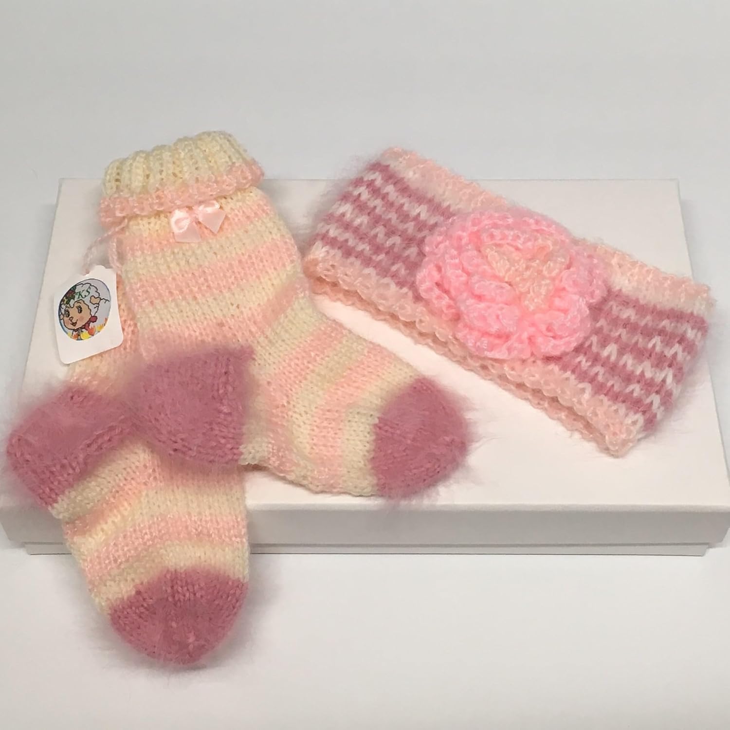 Baby Girl Headband and Matching Socks Booties Set. Handmade of Softest Natural Fibers. Fits 12-18 Months Baby Girl. Pink and White Colors. Designer