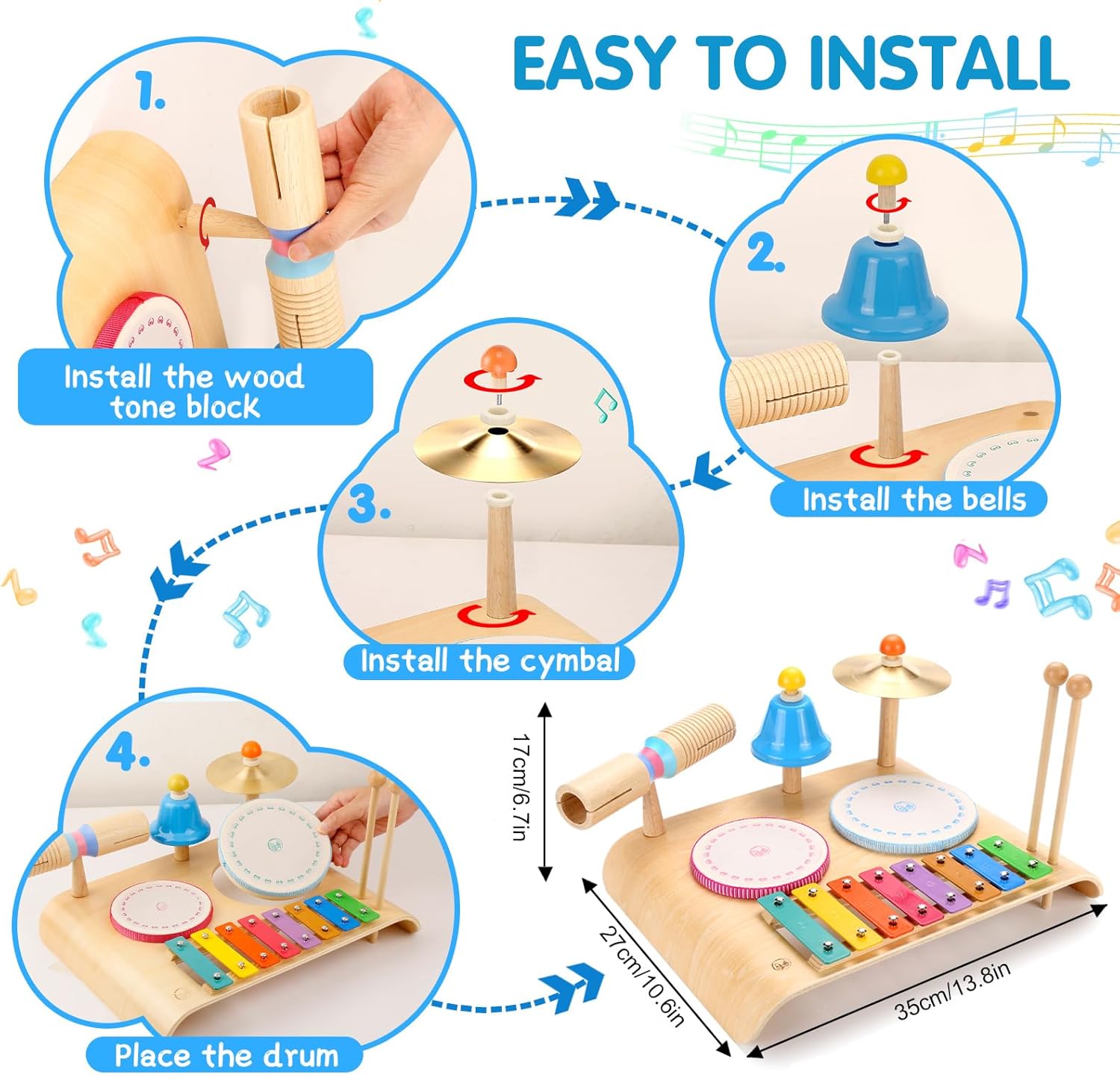 Juego de batería para niños, tambor para niños pequeños con xilófono, instrumentos de percusión de madera 8 en 1, juguetes musicales Montessori,