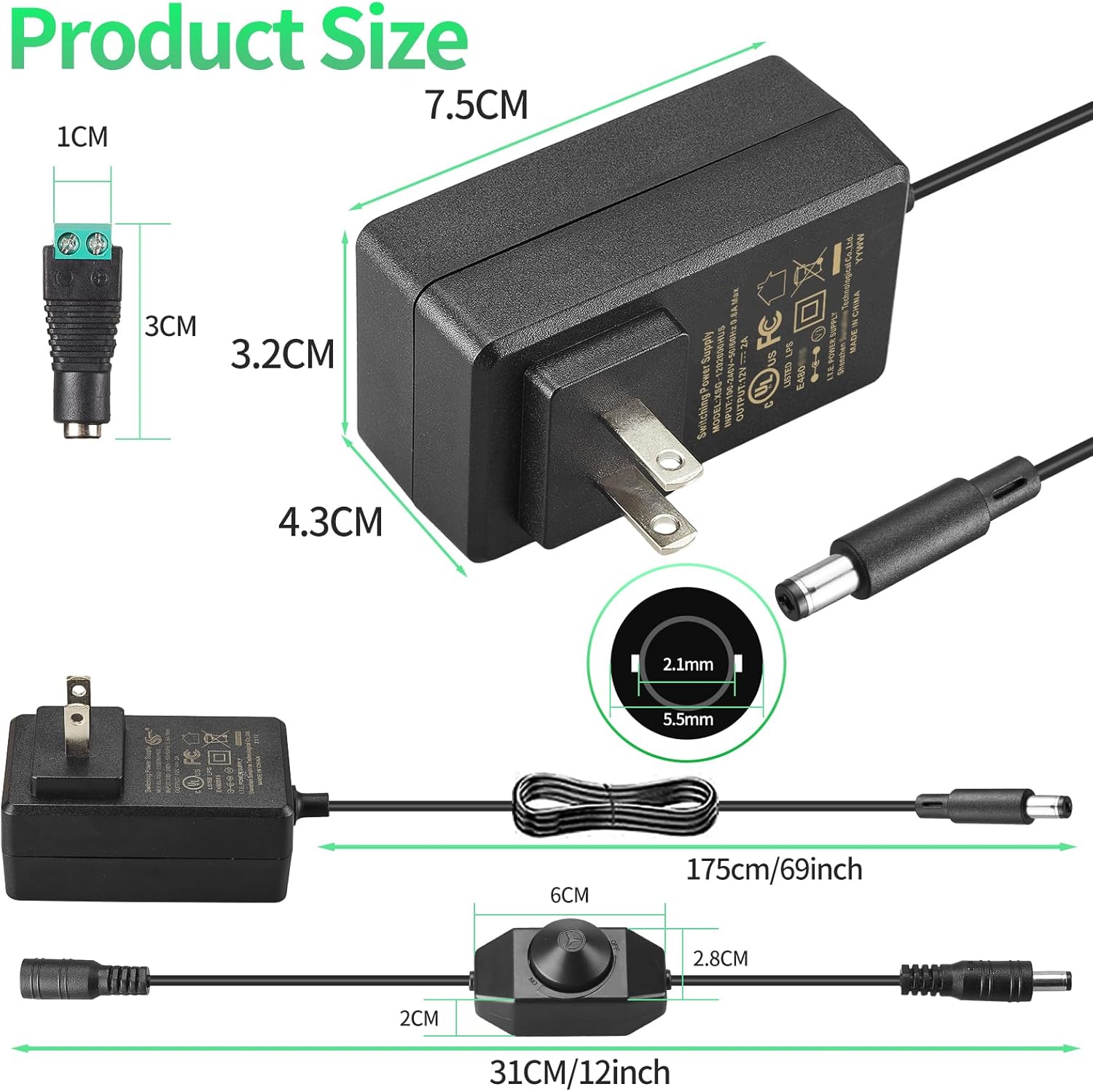 Adaptador de fuente de alimentación de 12 V 2 A CC listado UL con interruptor de atenuación LED, 24W 100-240V ACDC 12 voltios adaptador de 2