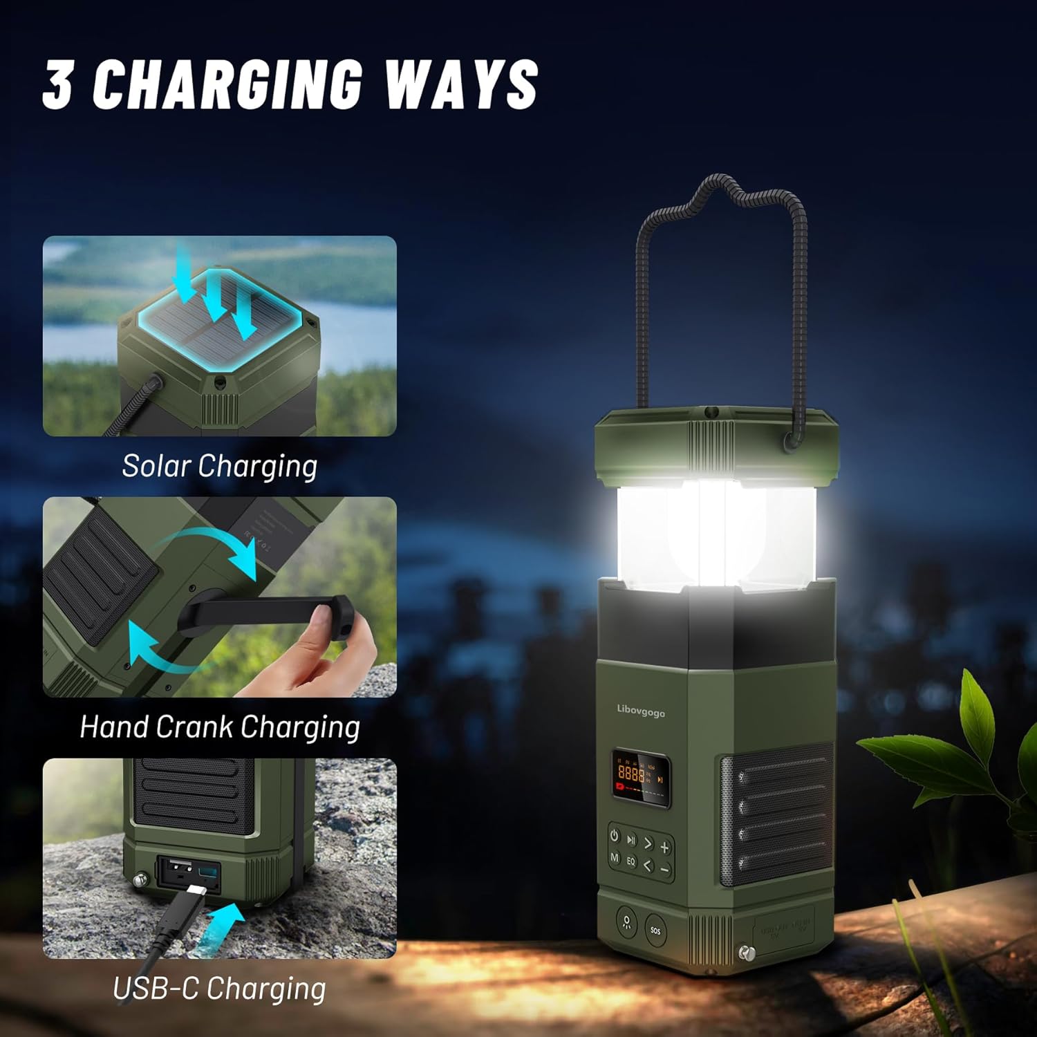 Libovgogo DF-585 – Linterna LED de emergencia para acampar, altavoz Bluetooth estéreo impermeable IPX5, radio de alerta meteorológica NOAA con