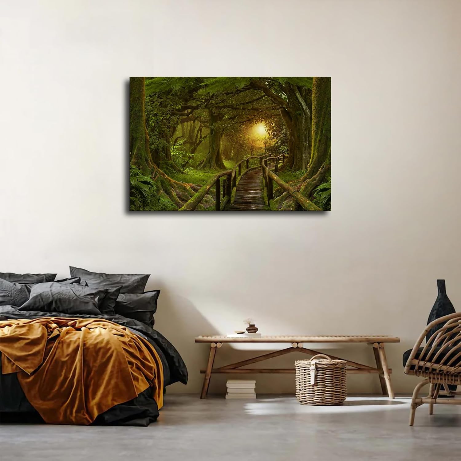 NikkOh Póster de paisaje de puente, puente de selva tropical, puesta de sol, pintura en lienzo, pintura HD, impresión para dormitorio, pared,