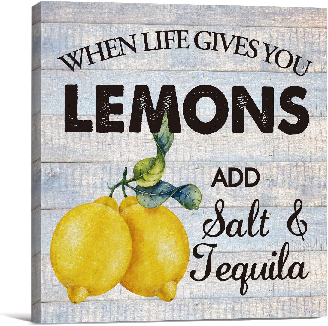 Divertido lienzo impreso con diseño de granja para pared, decoración de pared con texto en inglés “When Life Gives You Lemons Sign”, placa de