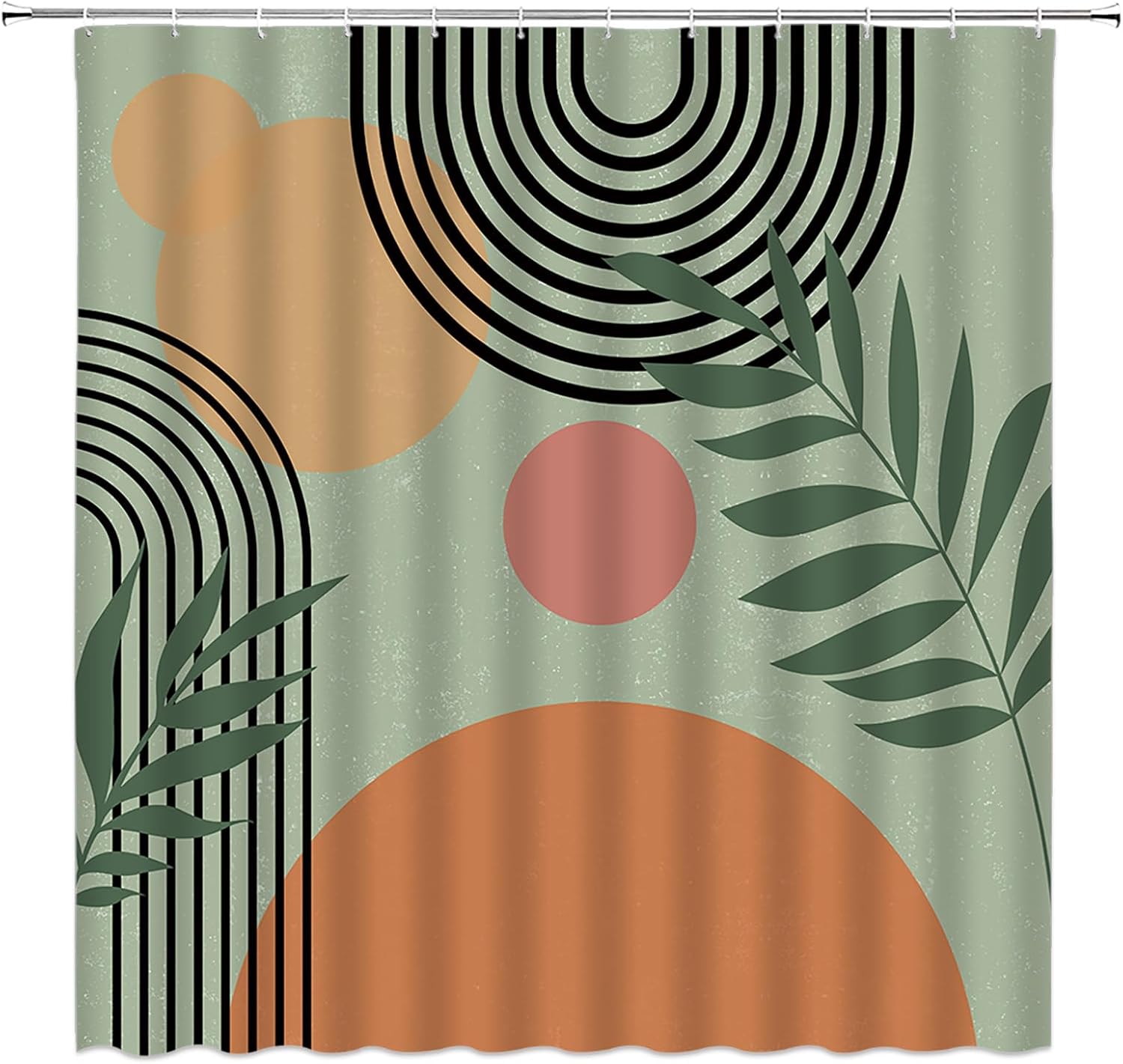 Cortina de ducha moderna de mediados de siglo, color verde salvia, abstracta, retro, geométrica, arco de arco iris, hoja de sol, naranja, neutro,